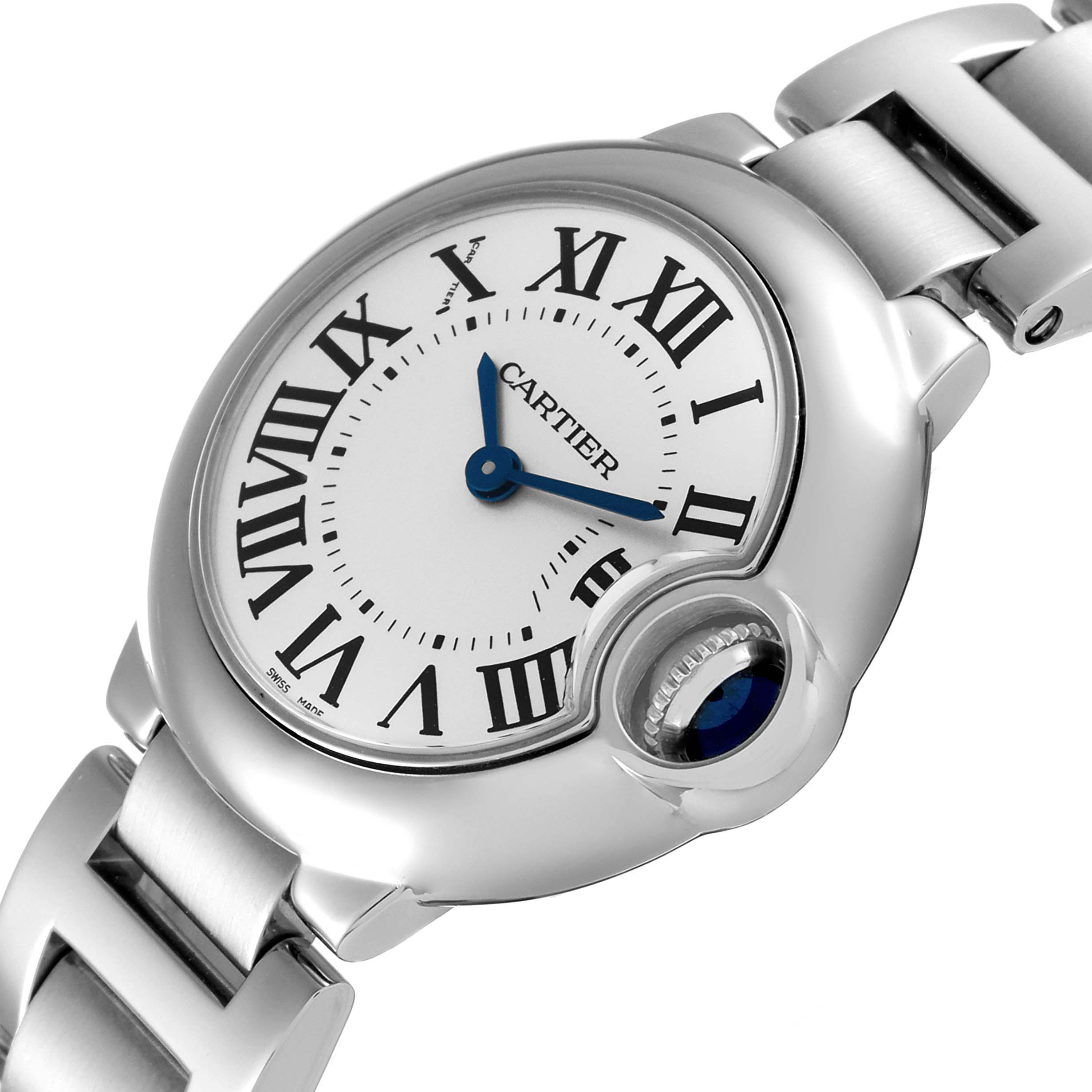 The image shows a close-up, angled view of the Cartier Ballon Bleu W69010Z4 Women
s Stainless Steel Silver Dial W69010Z4 Women
s Stainless Steel Silver Dial watch, highlighting the dial, Roman numerals, and stainless steel bracelet.