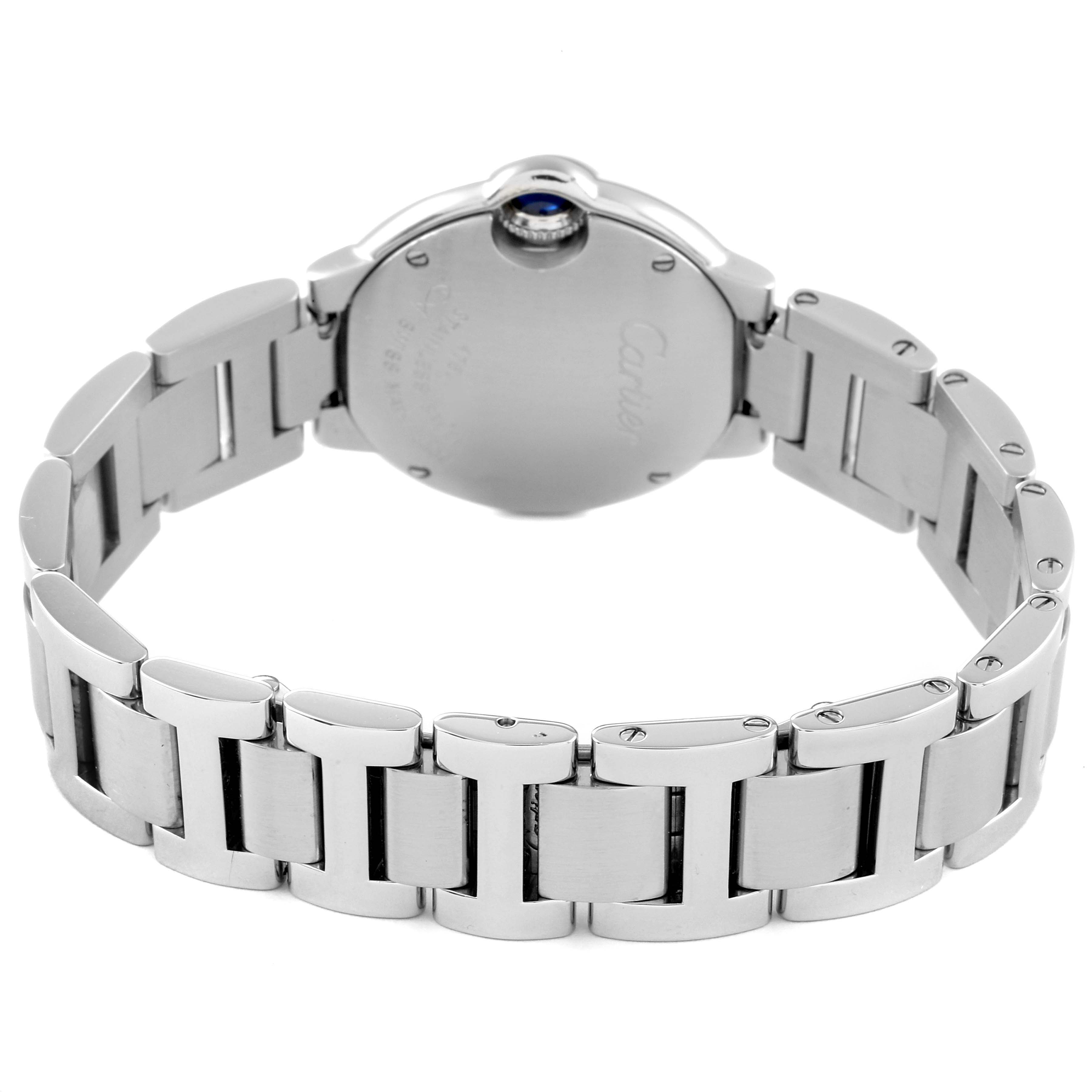 The image shows the back view of the Cartier Ballon Bleu W69010Z4 Women
s Stainless Steel Silver Dial W69010Z4 Women
s Stainless Steel Silver Dial watch, focusing on the bracelet and case back.