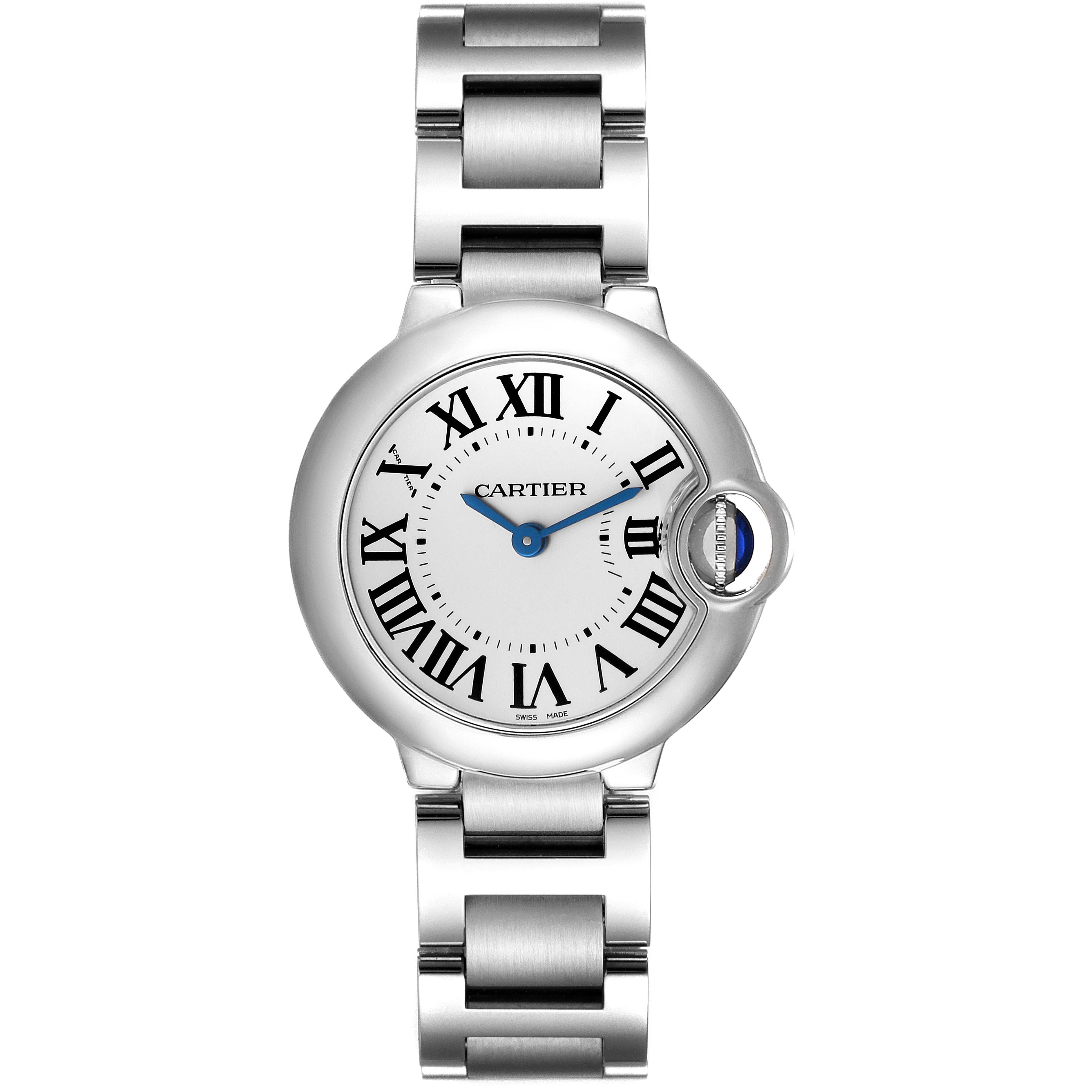 The image shows a front view of the Ballon Bleu model by Cartier, displaying the dial, hands, and bracelet.