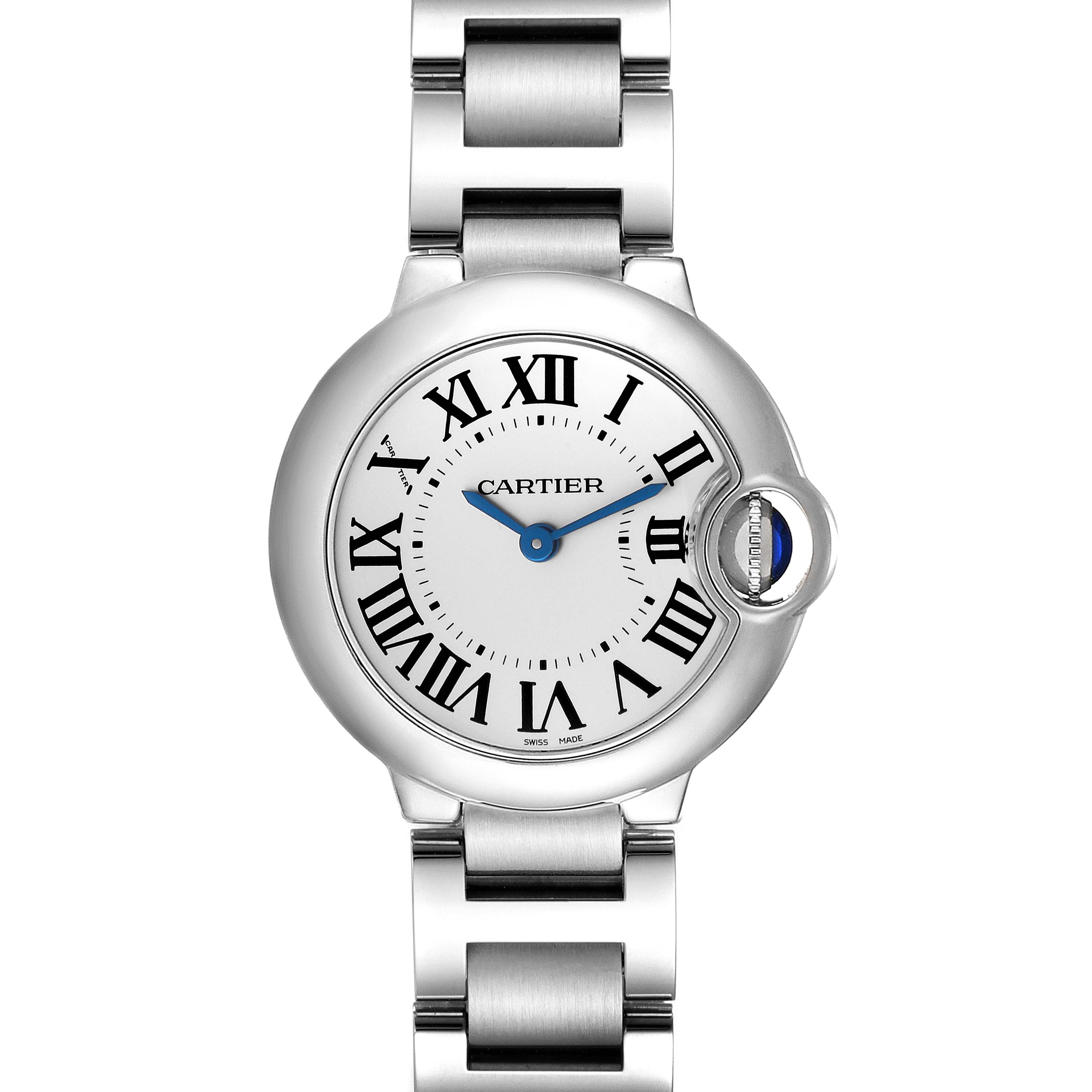 This is a front view of the Cartier Ballon Bleu W69010Z4 Women
s Stainless Steel Silver Dial W69010Z4 Women
s Stainless Steel Silver Dial watch, showing the face, Roman numerals, blue hands, crown, and part of the bracelet.