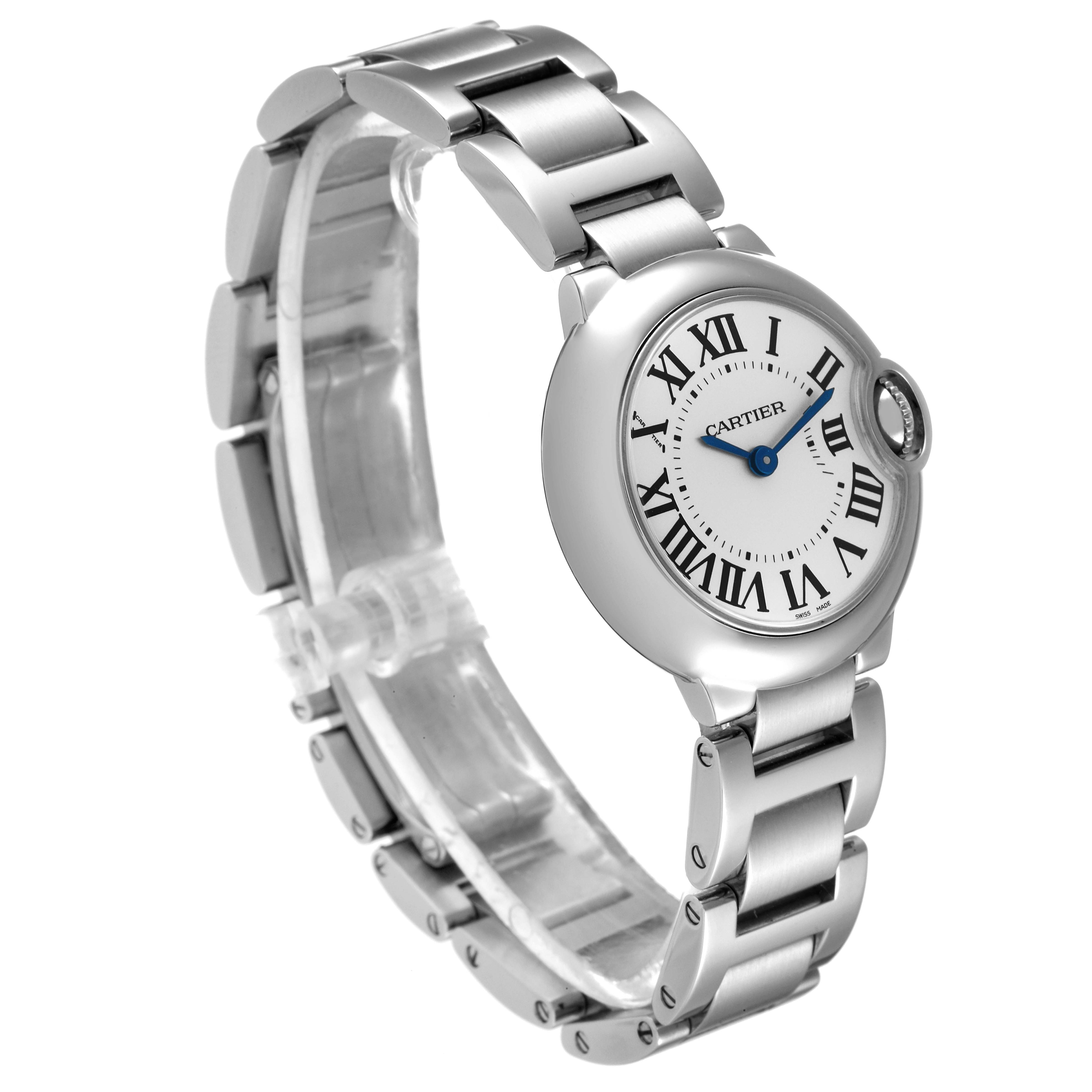 The image shows a Cartier Ballon Bleu W69010Z4 Women
s Stainless Steel Silver Dial W69010Z4 Women
s Stainless Steel Silver Dial watch at an angled side view, highlighting its round face, Roman numeral dial, and stainless steel bracelet.