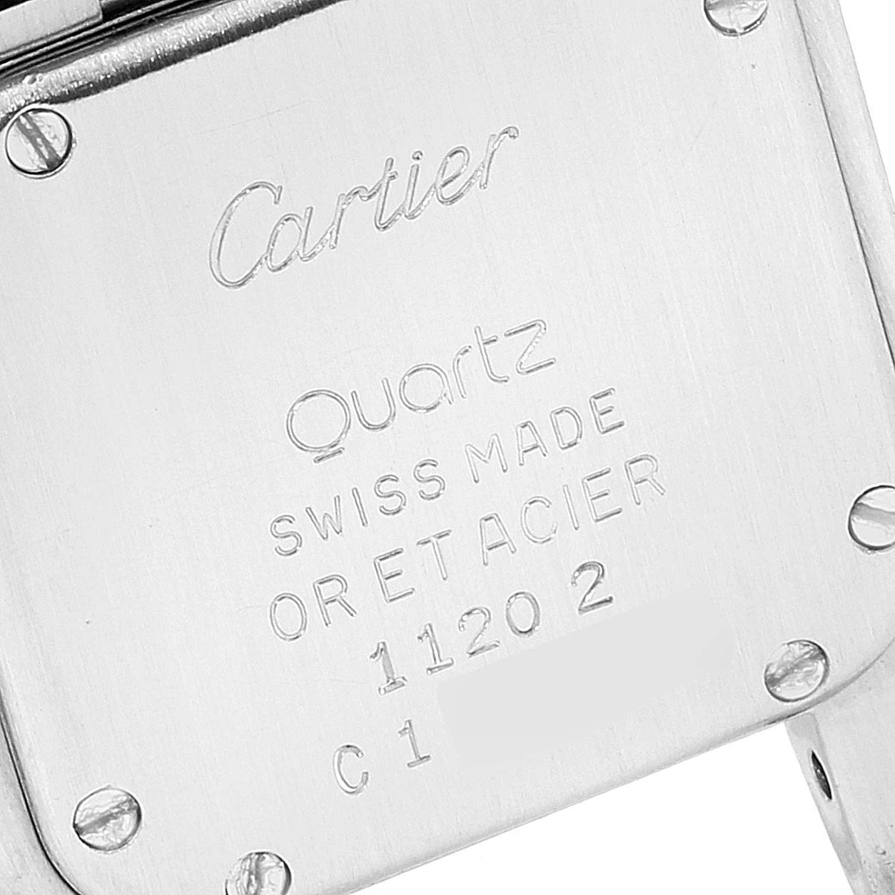 This image shows the back case of a Cartier Panthere W25029B6 Women
s Steel and Gold (two tone) Silver Dial W25029B6 Women
s Steel and Gold (two tone) Silver Dial model watch, featuring engraving details such as "Quartz" and "Swiss Made."