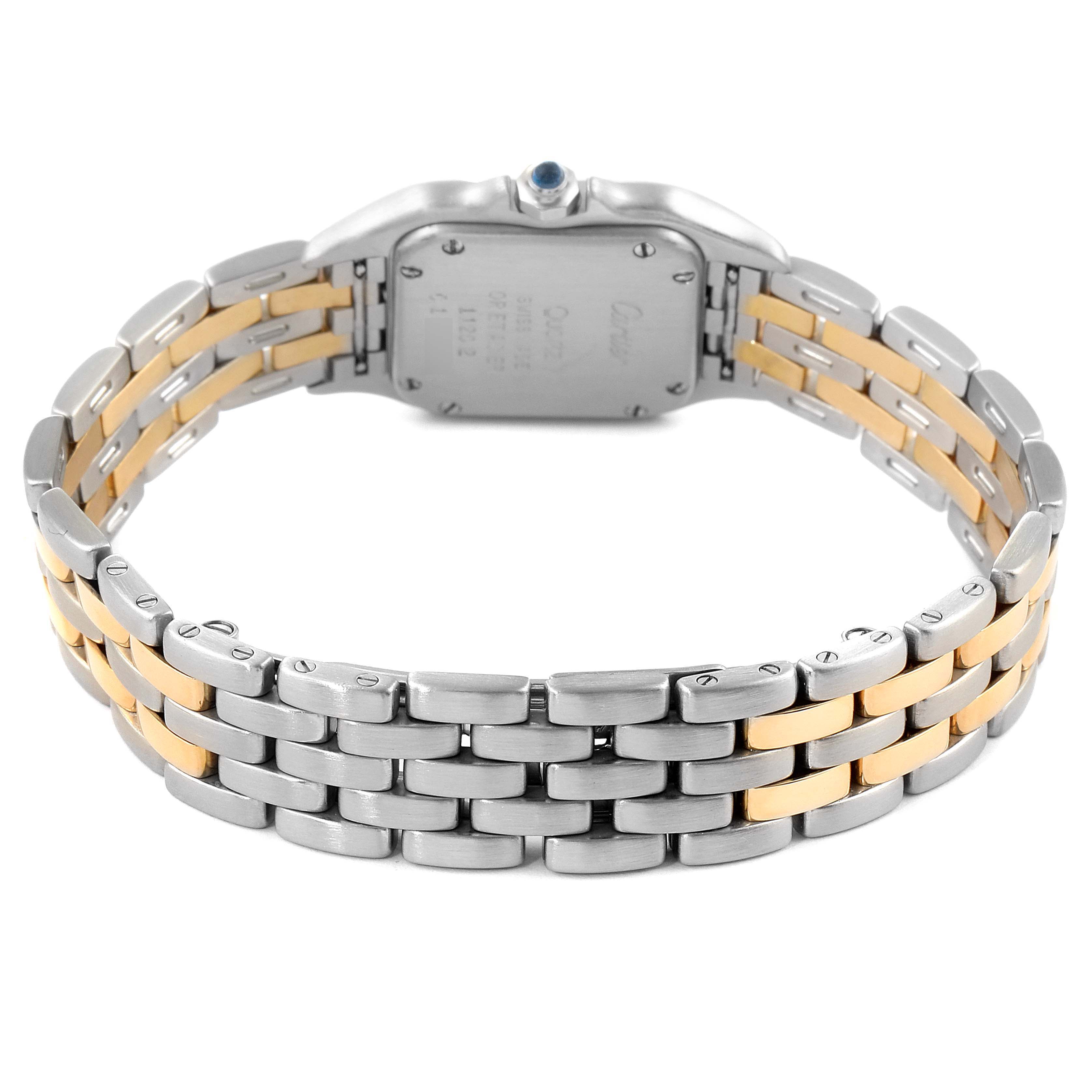 The image shows the back view of a Cartier Panthere W25029B6 Women
s Steel and Gold (two tone) Silver Dial W25029B6 Women
s Steel and Gold (two tone) Silver Dial watch, highlighting its two-tone metal bracelet and case back.