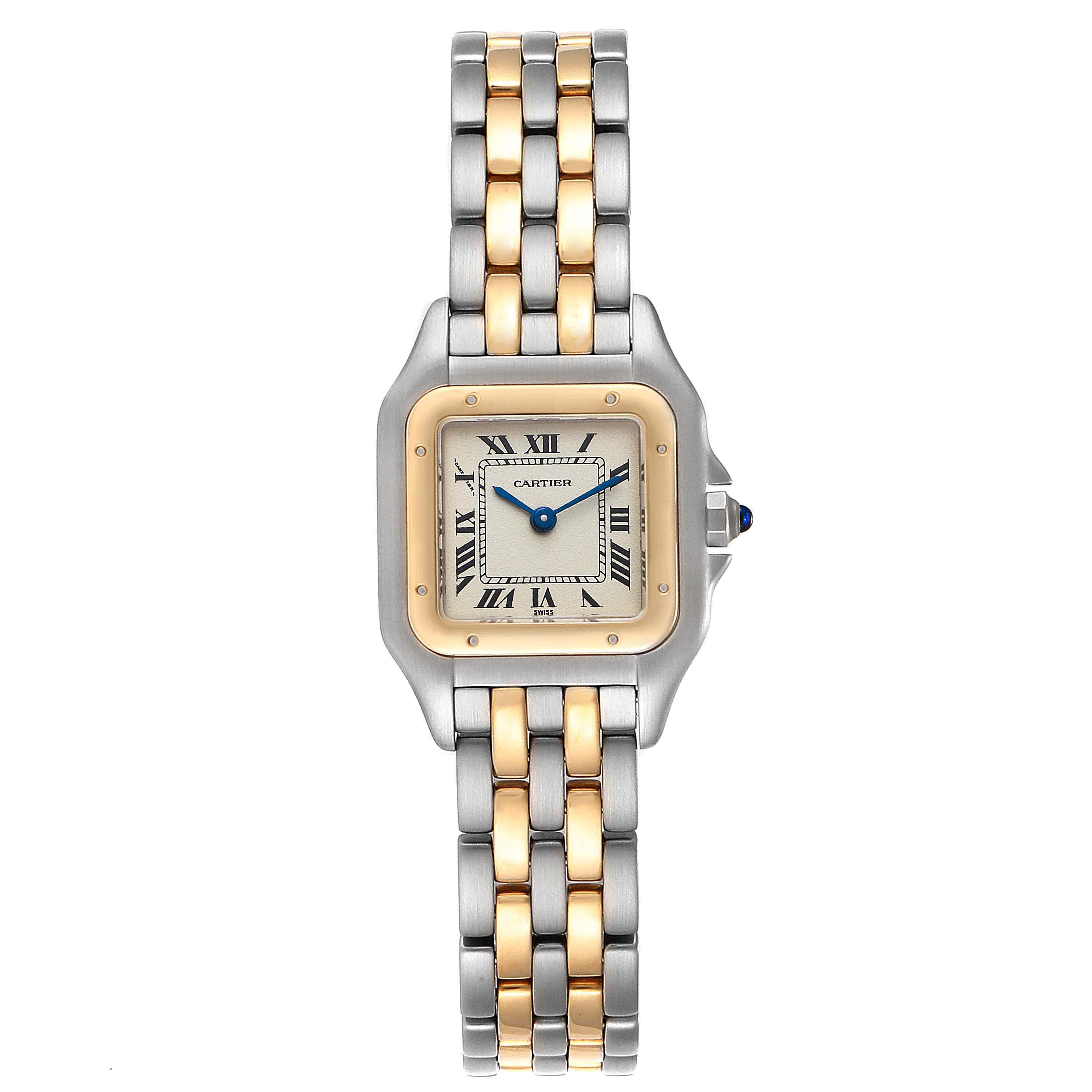 The Cartier Panthere W25029B6 Women
s Steel and Gold (two tone) Silver Dial W25029B6 Women
s Steel and Gold (two tone) Silver Dial model watch is shown from a top view, displaying its face, bezel, and two-tone bracelet.