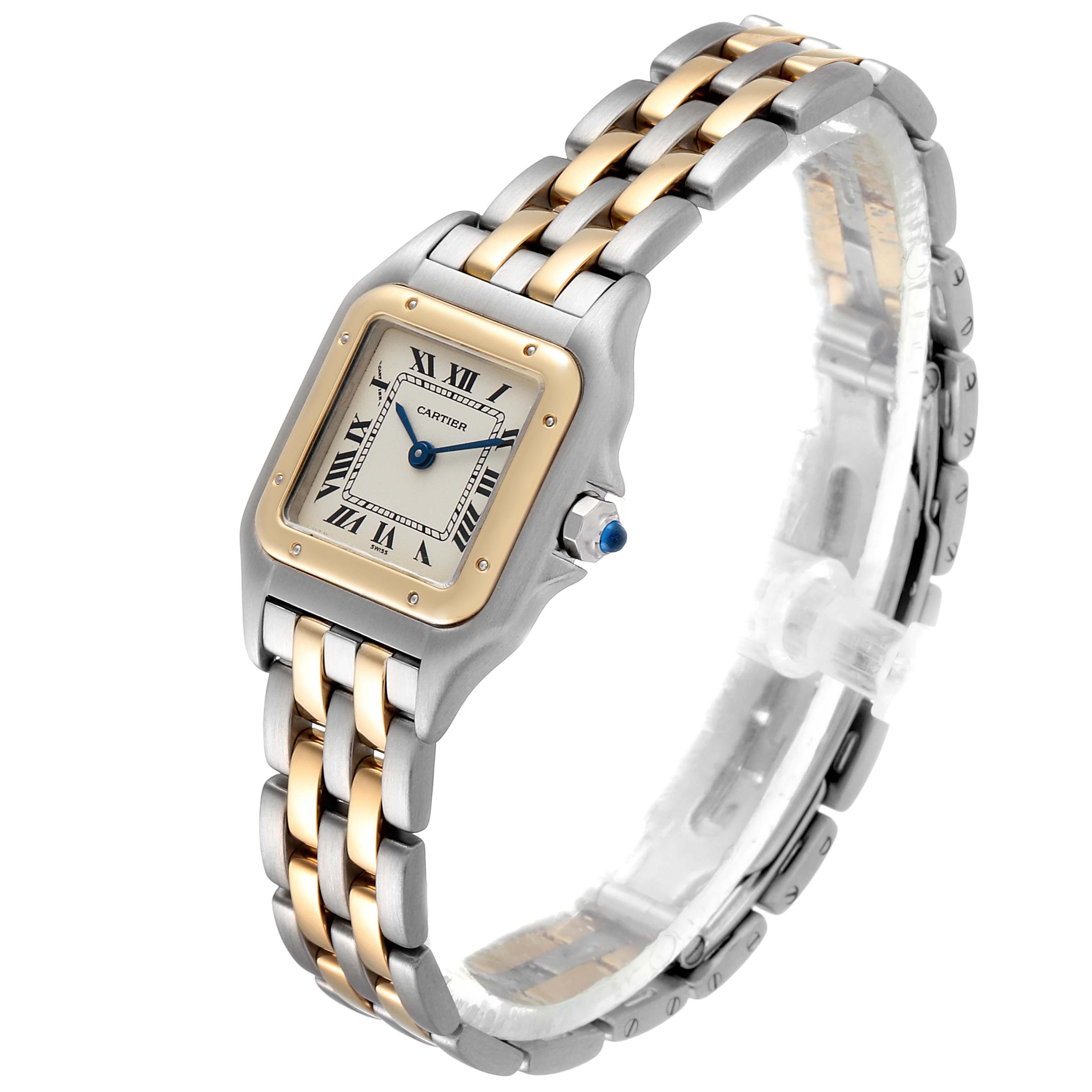 This image shows a side-angle view of a Cartier Panthère watch with a two-tone metal bracelet and Roman numeral dial.