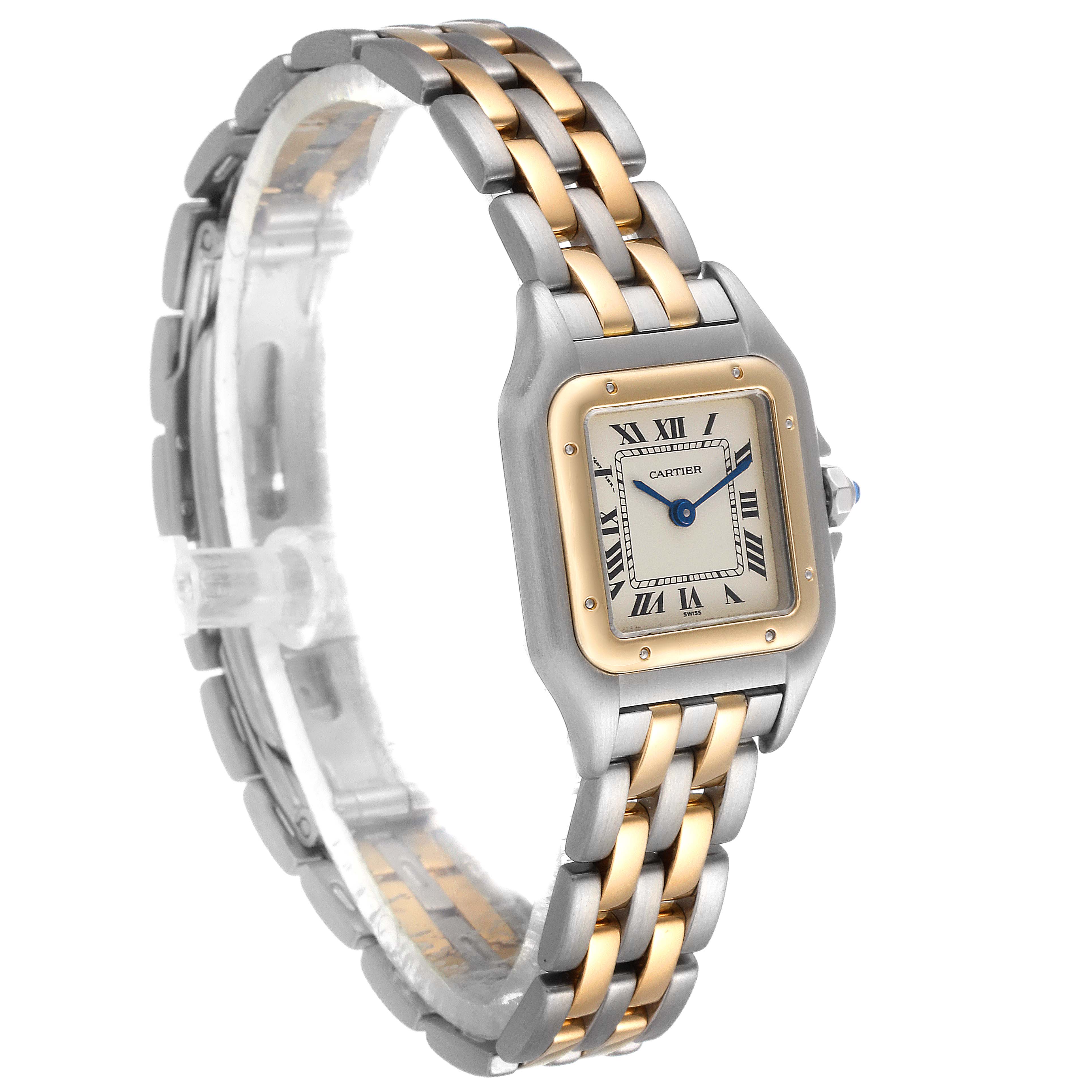 The image shows a Cartier Panthère watch at a three-quarter angle, highlighting the two-tone metal bracelet and square face with Roman numerals.