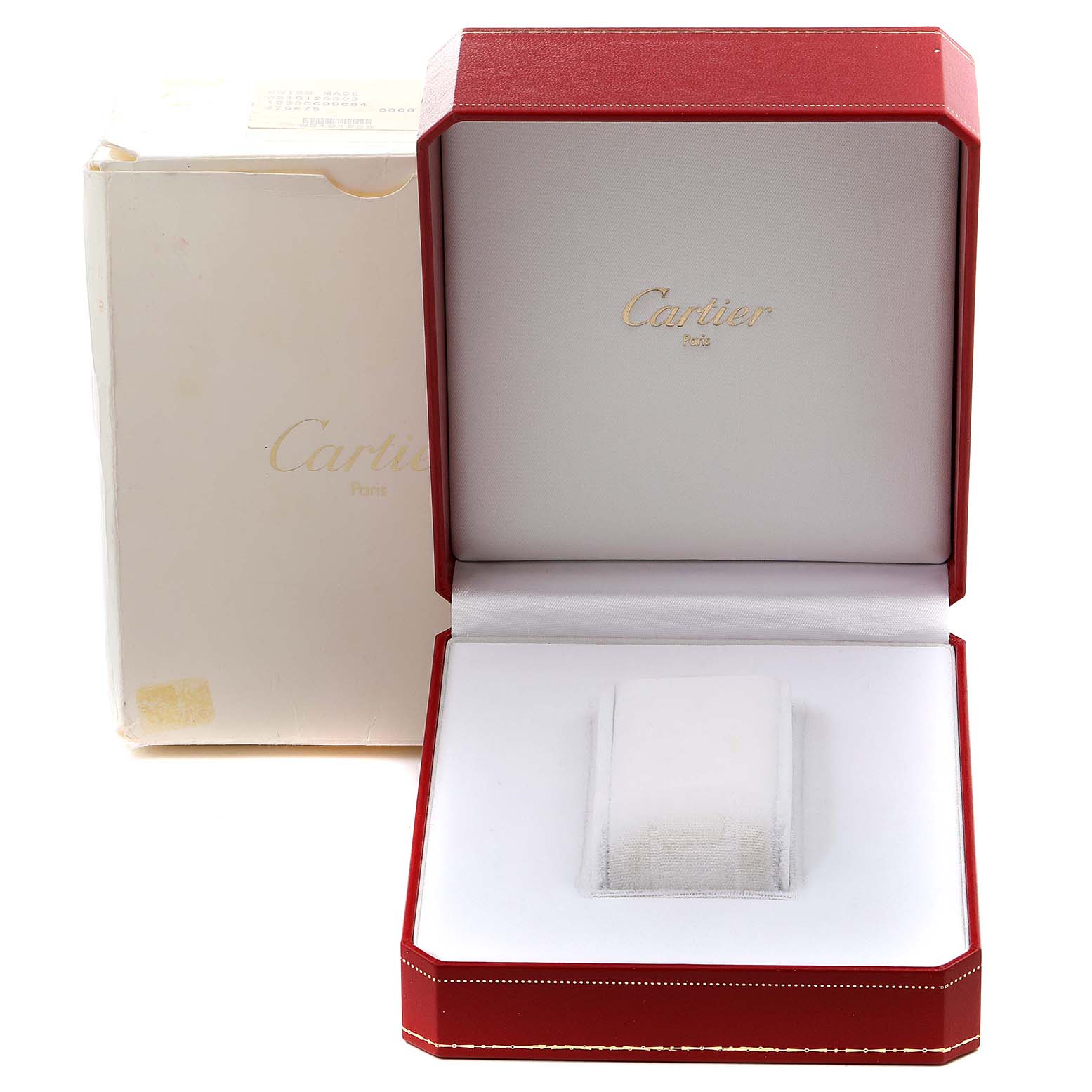 The image shows an open Cartier Panthere W25029B6 Women
s Steel and Gold (two tone) Silver Dial W25029B6 Women
s Steel and Gold (two tone) Silver Dial watch box and an outer packaging box.