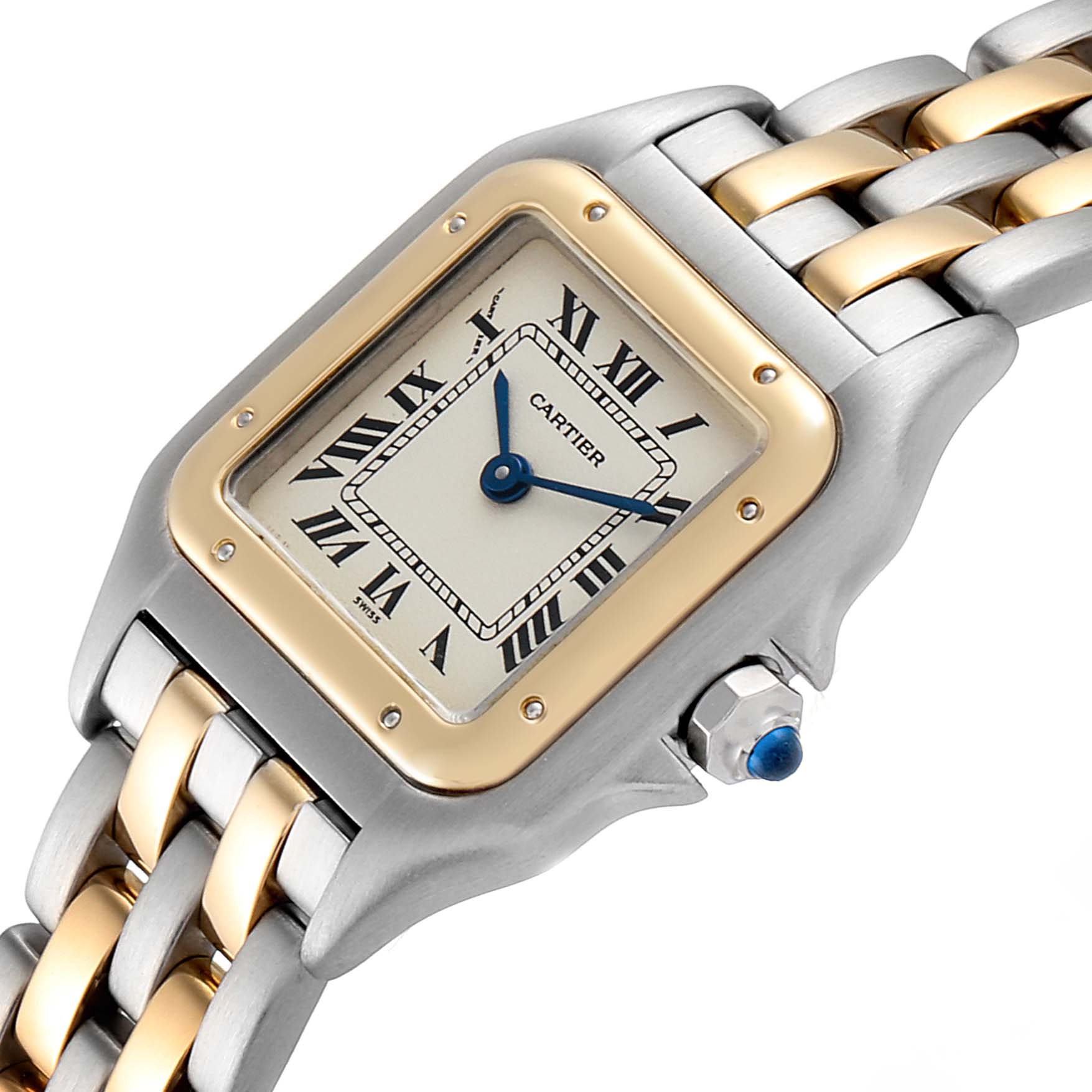 This is a close-up of a Cartier Panthere W25029B6 Women
s Steel and Gold (two tone) Silver Dial W25029B6 Women
s Steel and Gold (two tone) Silver Dial watch, showing the face, crown, and part of the bracelet.