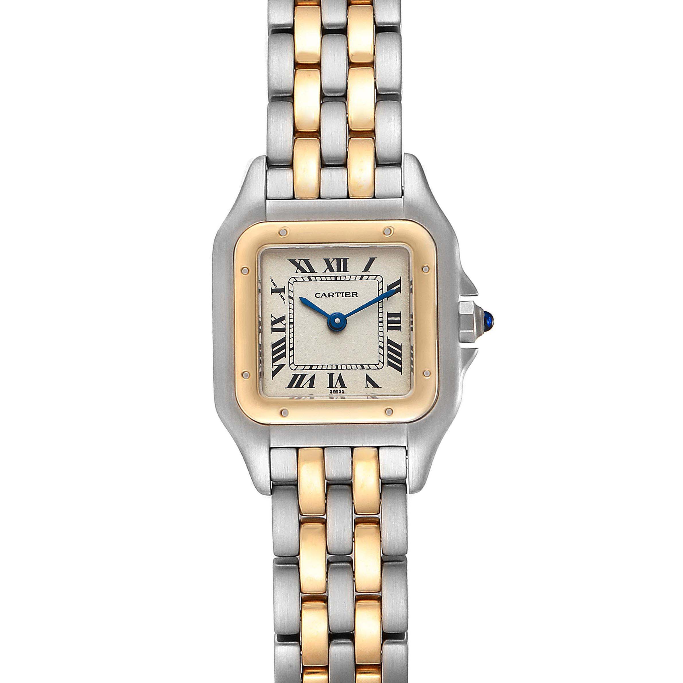 The image shows a top-down view of a Cartier Panthere W25029B6 Women
s Steel and Gold (two tone) Silver Dial W25029B6 Women
s Steel and Gold (two tone) Silver Dial watch, highlighting its two-tone bracelet and square face with Roman numerals.