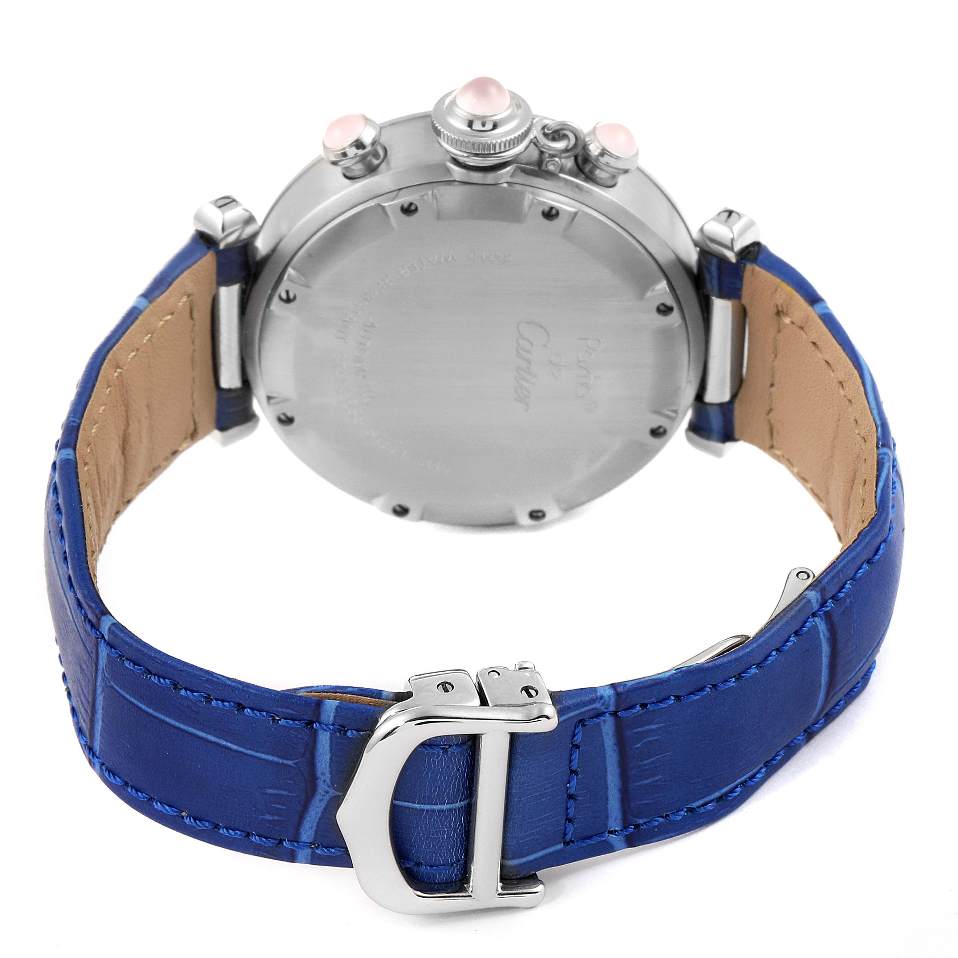This image shows the back view of a Cartier Pasha W3106599 Women's Stainless Steel Mother of Pearl Dial W3106599 Women's Stainless Steel Mother of Pearl Dial watch, including the case back, crown, pushers, and blue leather strap with a buckle.