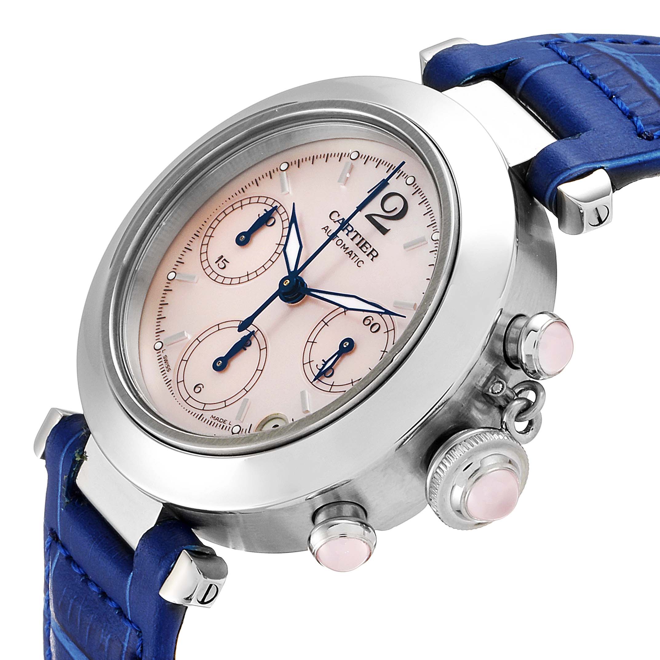 The image shows a close-up angled view of the Cartier Pasha W3106599 Women's Stainless Steel Mother of Pearl Dial W3106599 Women's Stainless Steel Mother of Pearl Dial watch, highlighting its face, chronograph sub-dials, and blue strap.