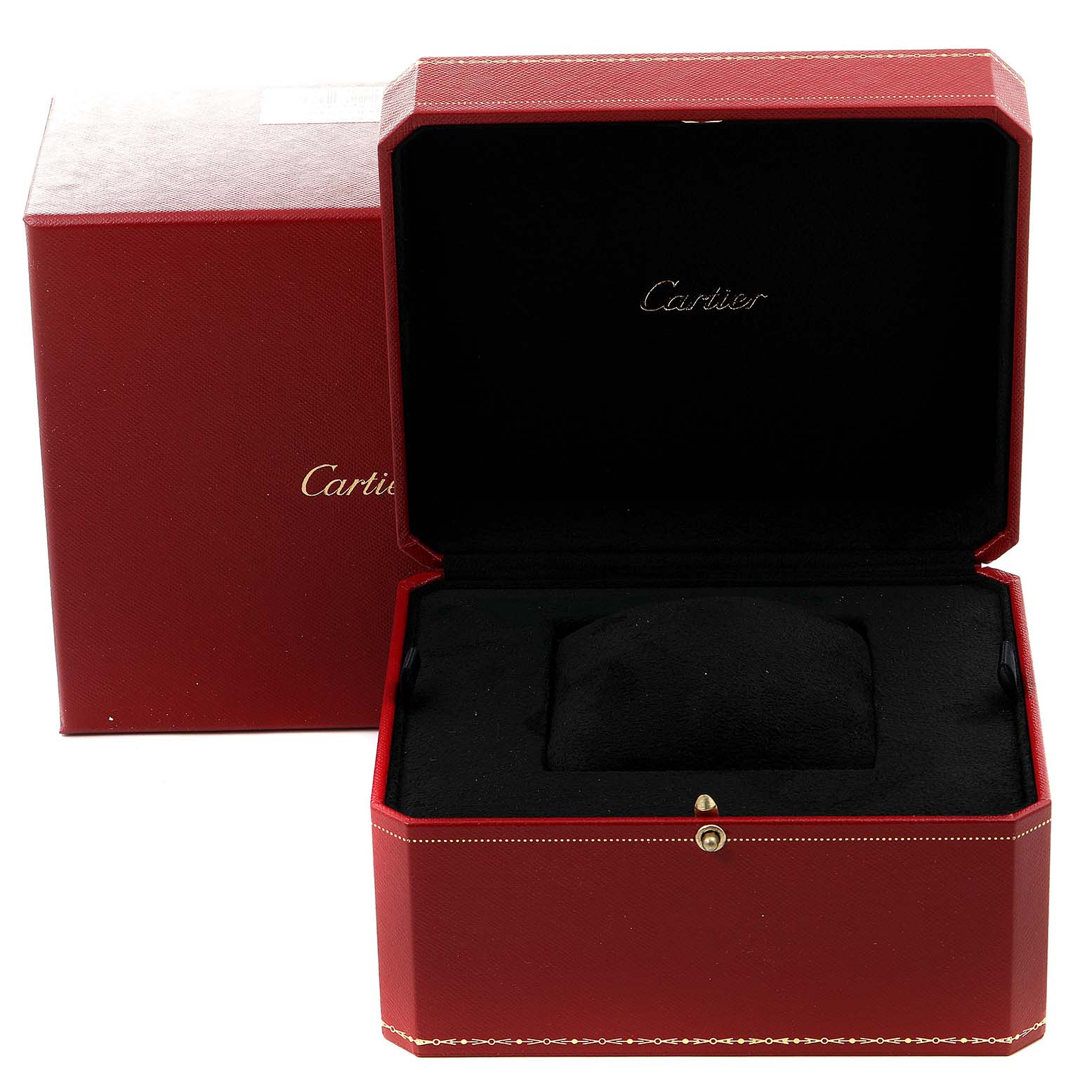 The image shows an open red Cartier box, presumably for the Pasha model watch, with a cushion inside.