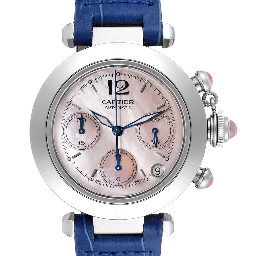 This image shows a Cartier Pasha watch from a front angle, highlighting its face, bezel, and blue leather strap.