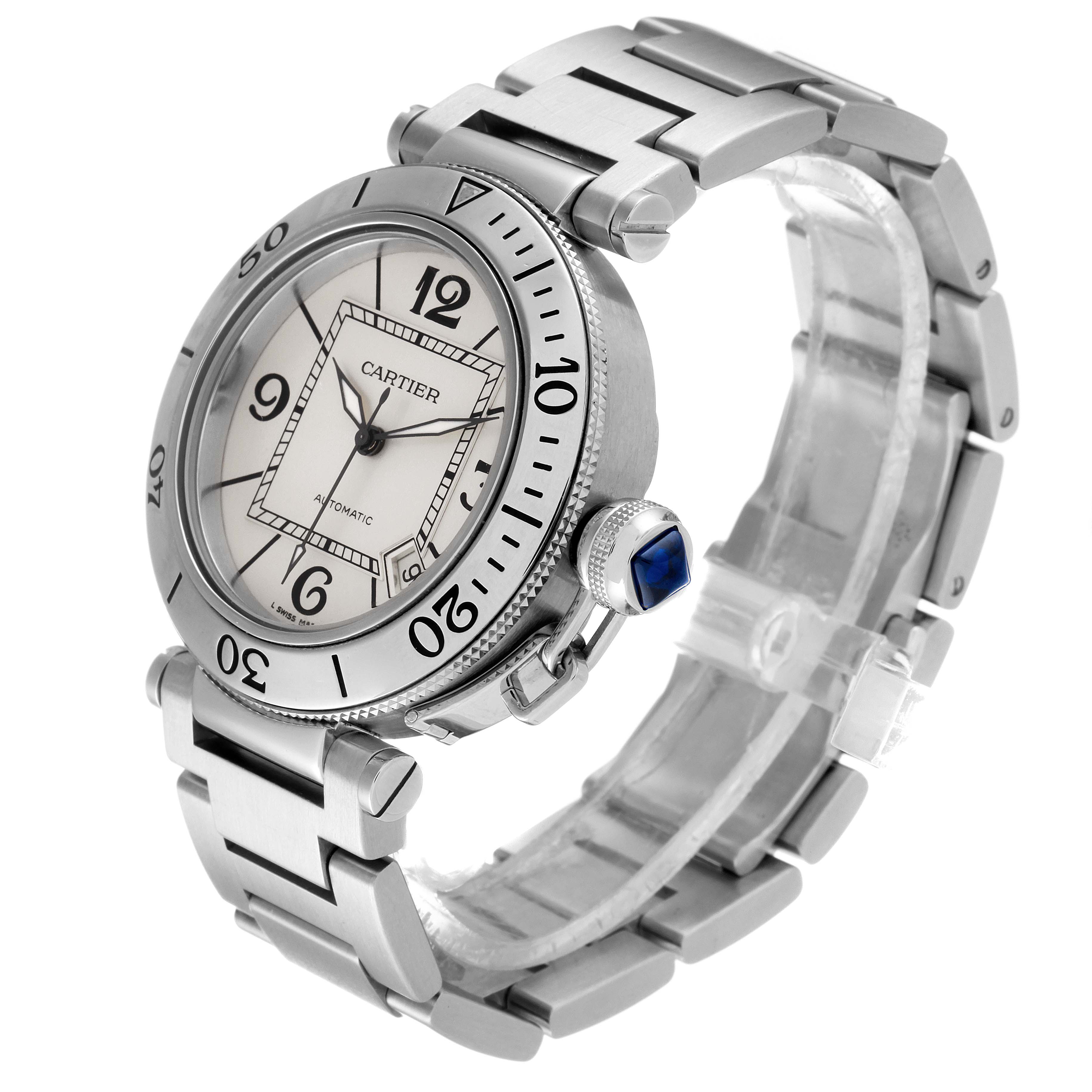 This image shows a side and front angle of the Cartier Pasha W31080M7 Men
s Stainless Steel Silver Dial W31080M7 Men
s Stainless Steel Silver Dial watch, highlighting its dial, bracelet, bezel, and crown with a blue cabochon.
