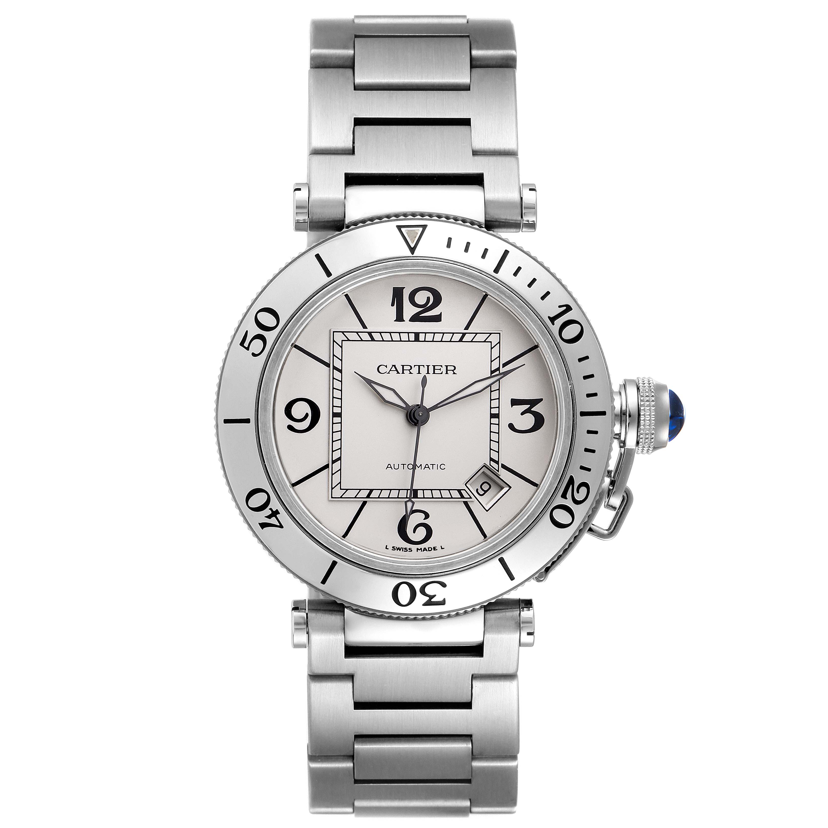 The image shows a frontal view of the Cartier Pasha W31080M7 Men
s Stainless Steel Silver Dial W31080M7 Men
s Stainless Steel Silver Dial watch, displaying its face, bezel, and metal bracelet.