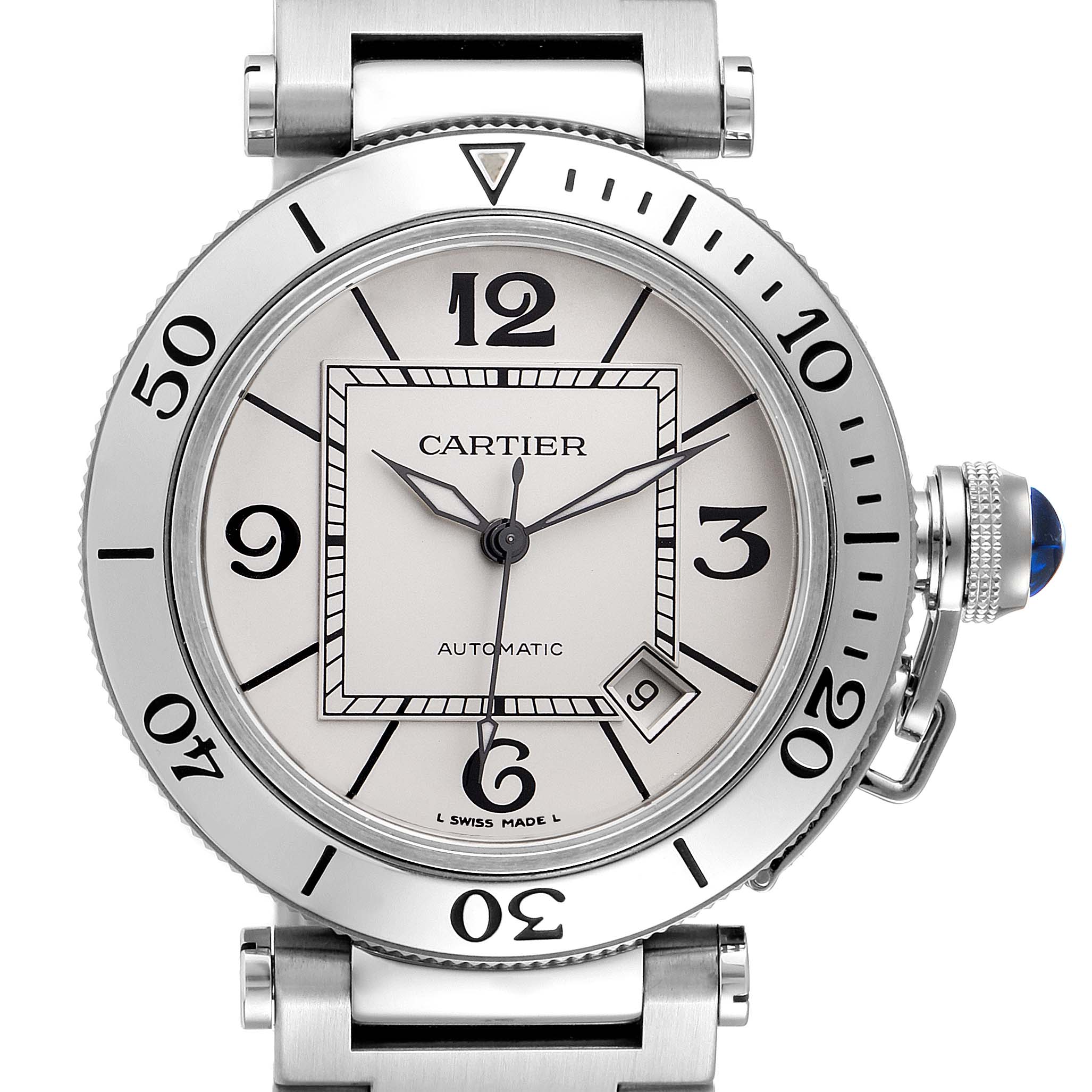 This image shows a frontal view of a Cartier Pasha W31080M7 Men
s Stainless Steel Silver Dial W31080M7 Men
s Stainless Steel Silver Dial watch displaying the dial, bezel, crown, and part of the bracelet.