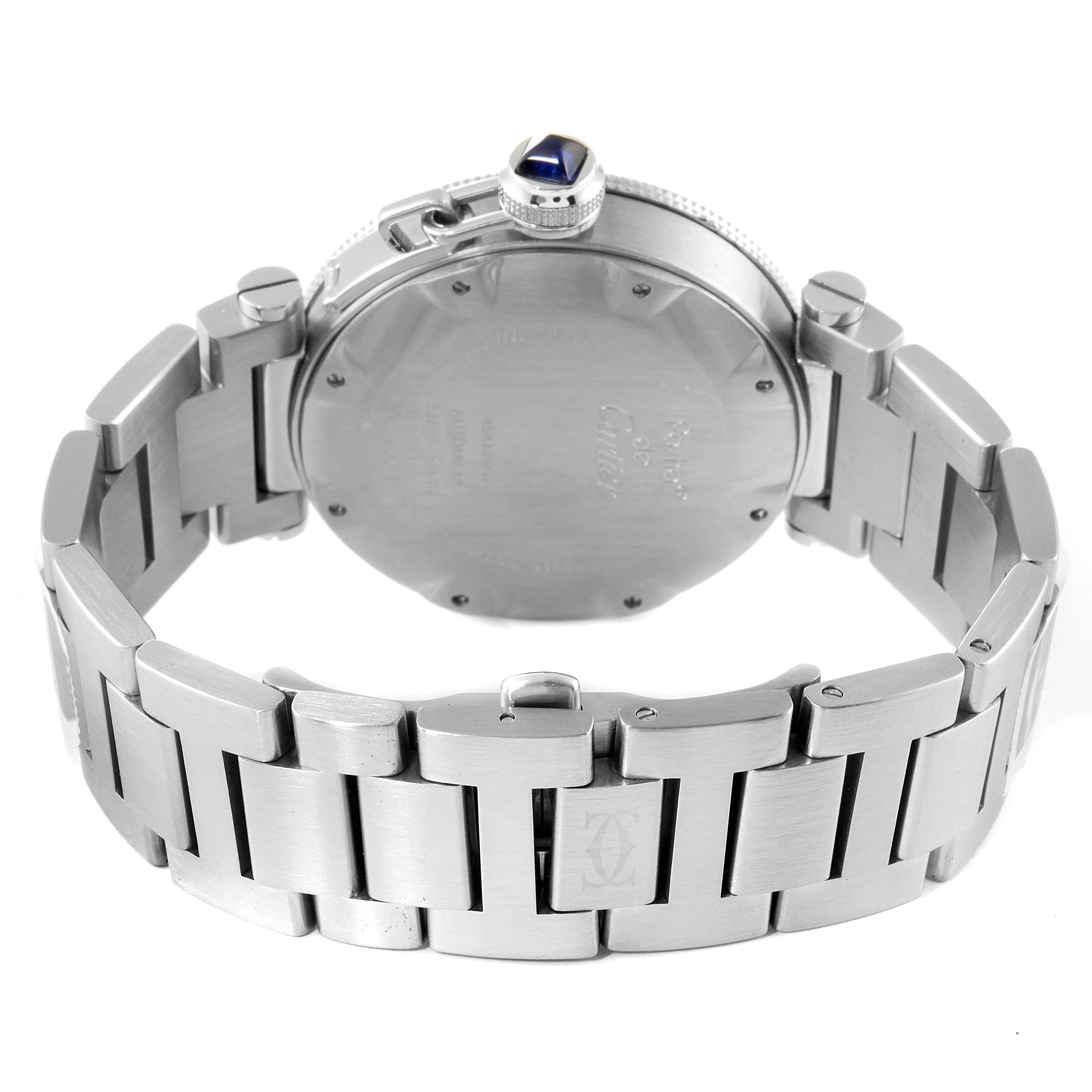 The image shows the back and bracelet of a Cartier Pasha W31080M7 Men
s Stainless Steel Silver Dial W31080M7 Men
s Stainless Steel Silver Dial watch with its clasp and crown visible.