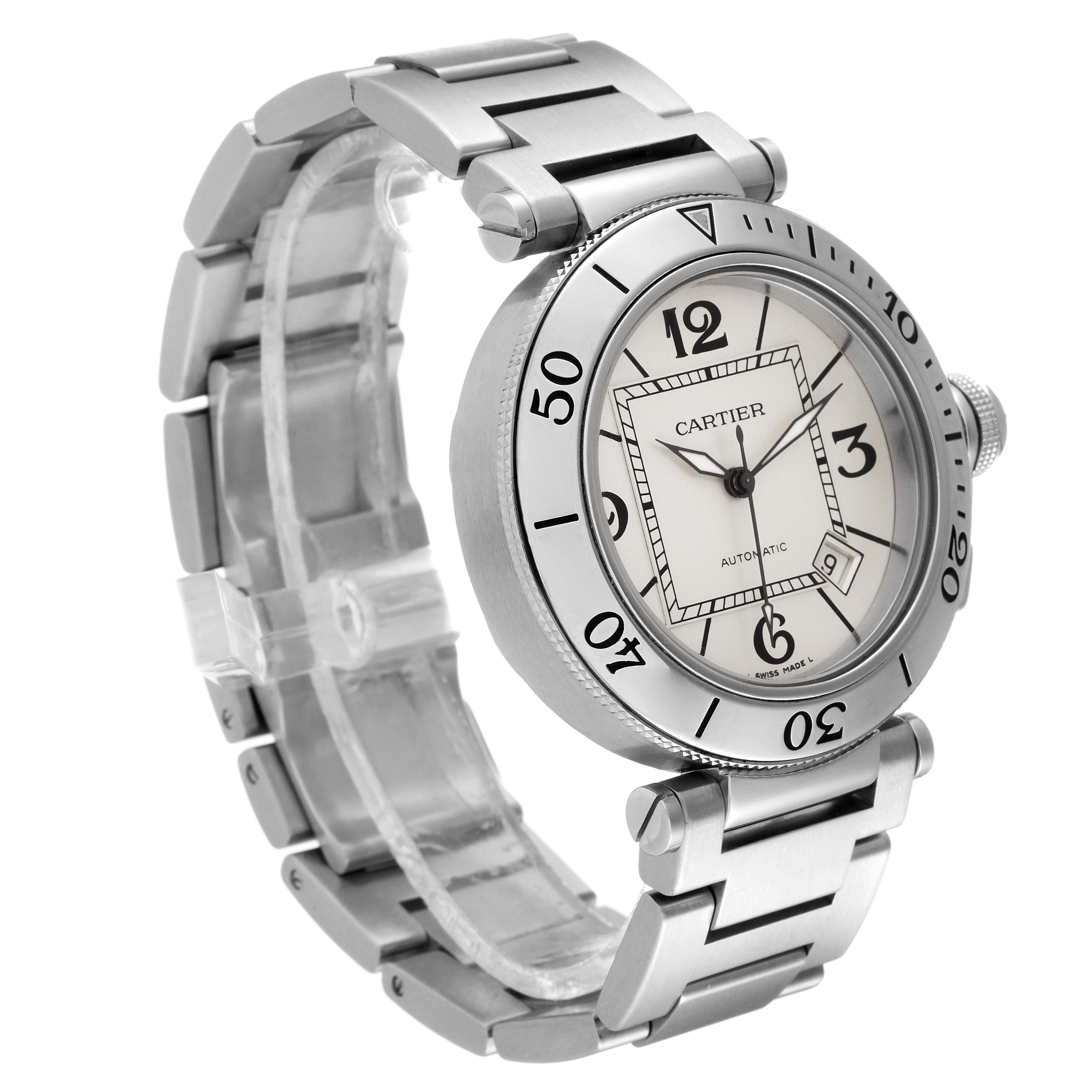 The image shows a side and front angle of the Cartier Pasha W31080M7 Men
s Stainless Steel Silver Dial W31080M7 Men
s Stainless Steel Silver Dial watch featuring its dial, crown, and stainless steel bracelet.