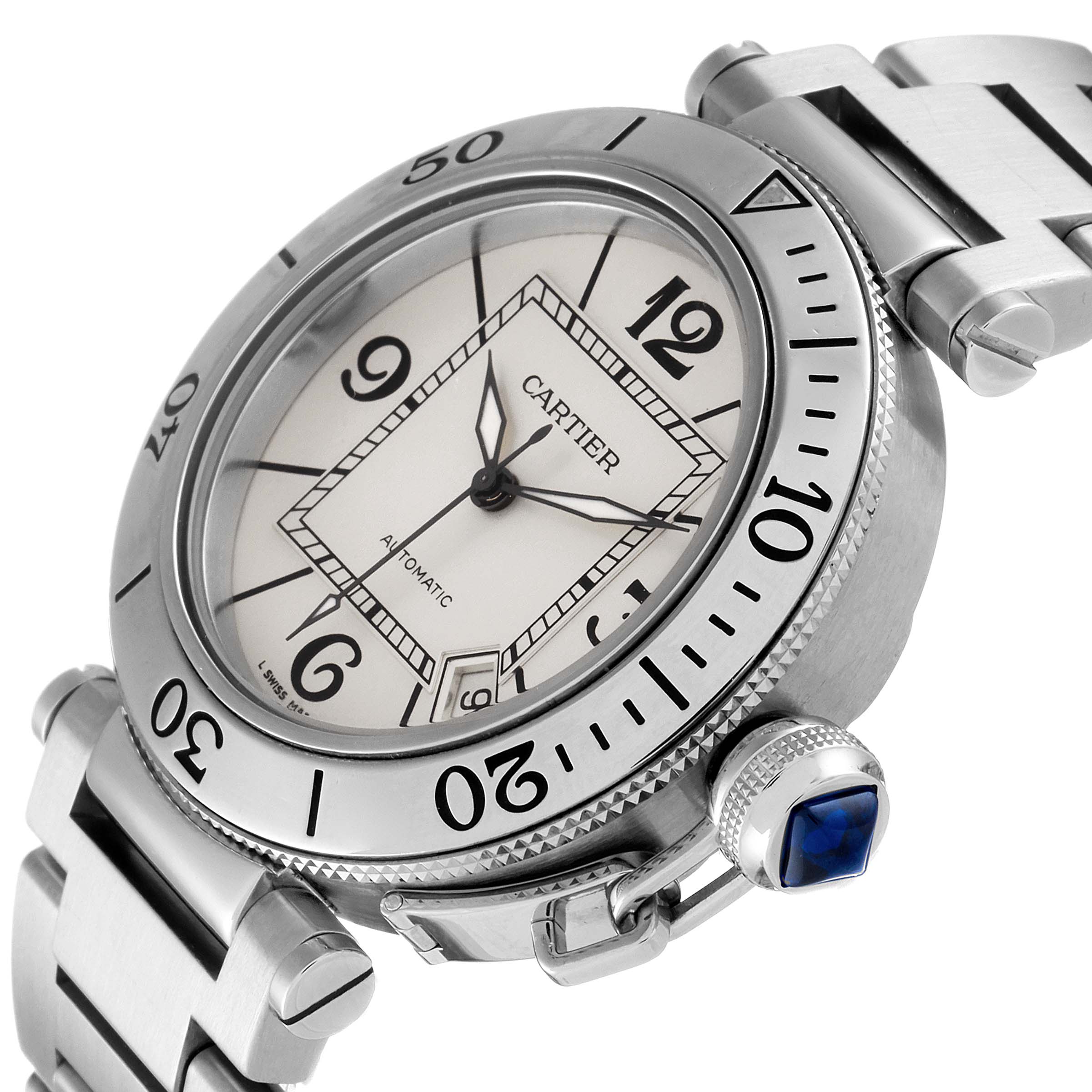 The image shows a close-up of the Cartier Pasha W31080M7 Men
s Stainless Steel Silver Dial W31080M7 Men
s Stainless Steel Silver Dial watch
s face, bezel, bracelet, and blue sapphire crown.