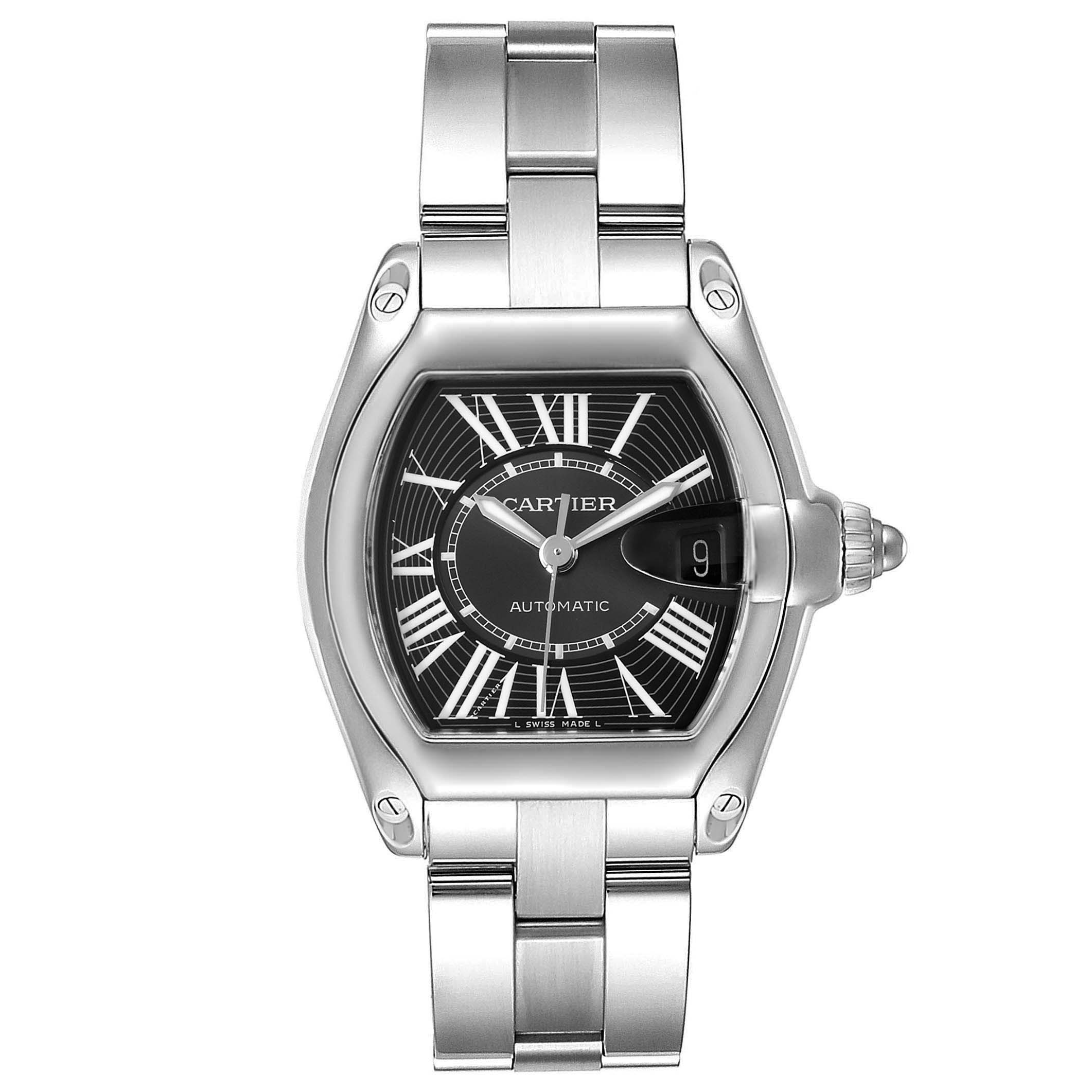 The Cartier Roadster W62041V3 Men's Stainless Steel Black Dial W62041V3 Men's Stainless Steel Black Dial watch is shown from the front, highlighting the face, bezel, bracelet, and crown.