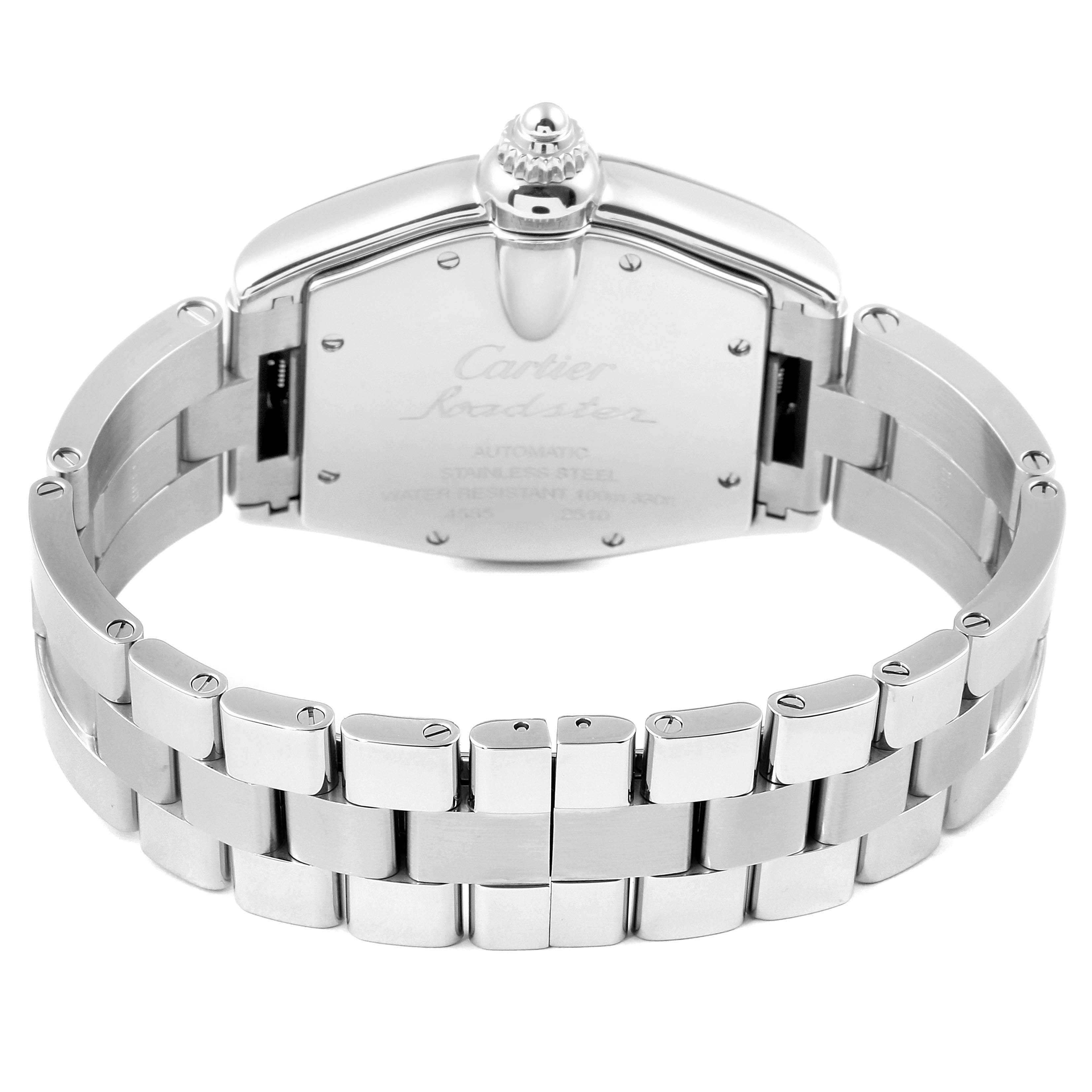 The image shows the backside of a Cartier Roadster W62041V3 Men's Stainless Steel Black Dial W62041V3 Men's Stainless Steel Black Dial watch with a focus on its metal bracelet and case back.