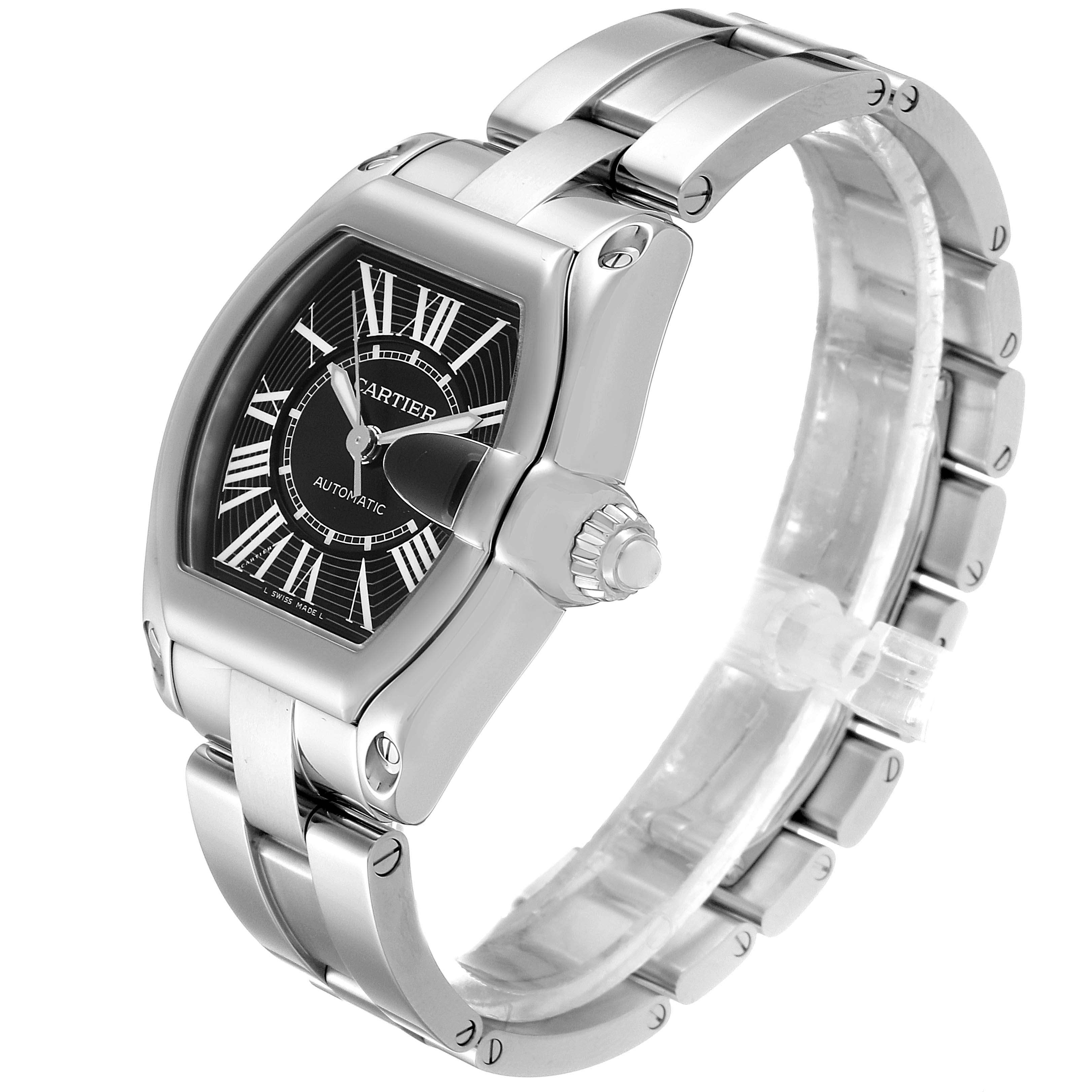 The image shows a Cartier Roadster W62041V3 Men's Stainless Steel Black Dial W62041V3 Men's Stainless Steel Black Dial watch at an oblique angle, displaying the face, crown, and bracelet.