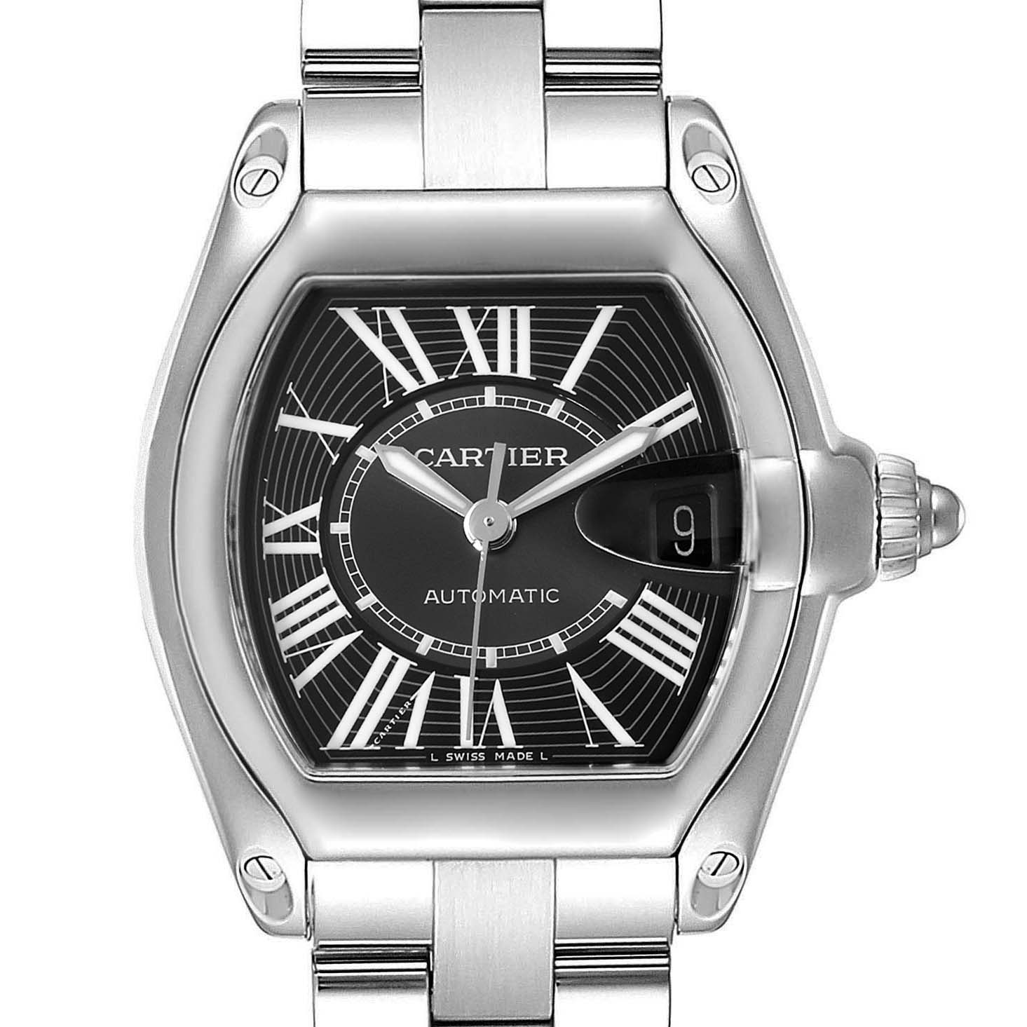 The image shows a Cartier Roadster W62041V3 Men's Stainless Steel Black Dial W62041V3 Men's Stainless Steel Black Dial watch from a top-down angle, highlighting the dial, hands, bezel, and part of the bracelet.