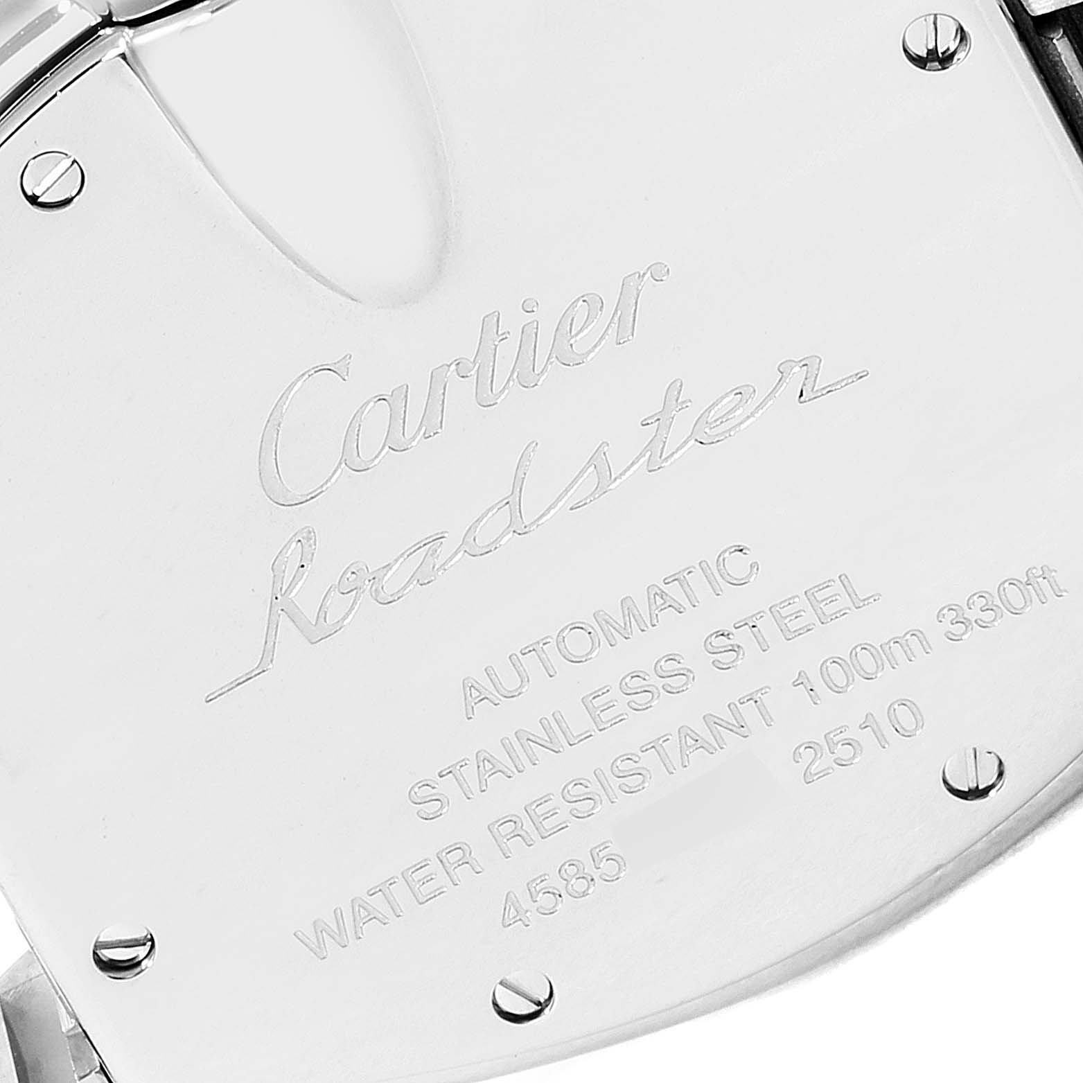 This image shows the back case of a Cartier Roadster W62041V3 Men's Stainless Steel Black Dial W62041V3 Men's Stainless Steel Black Dial watch, displaying brand engravings and specifications.