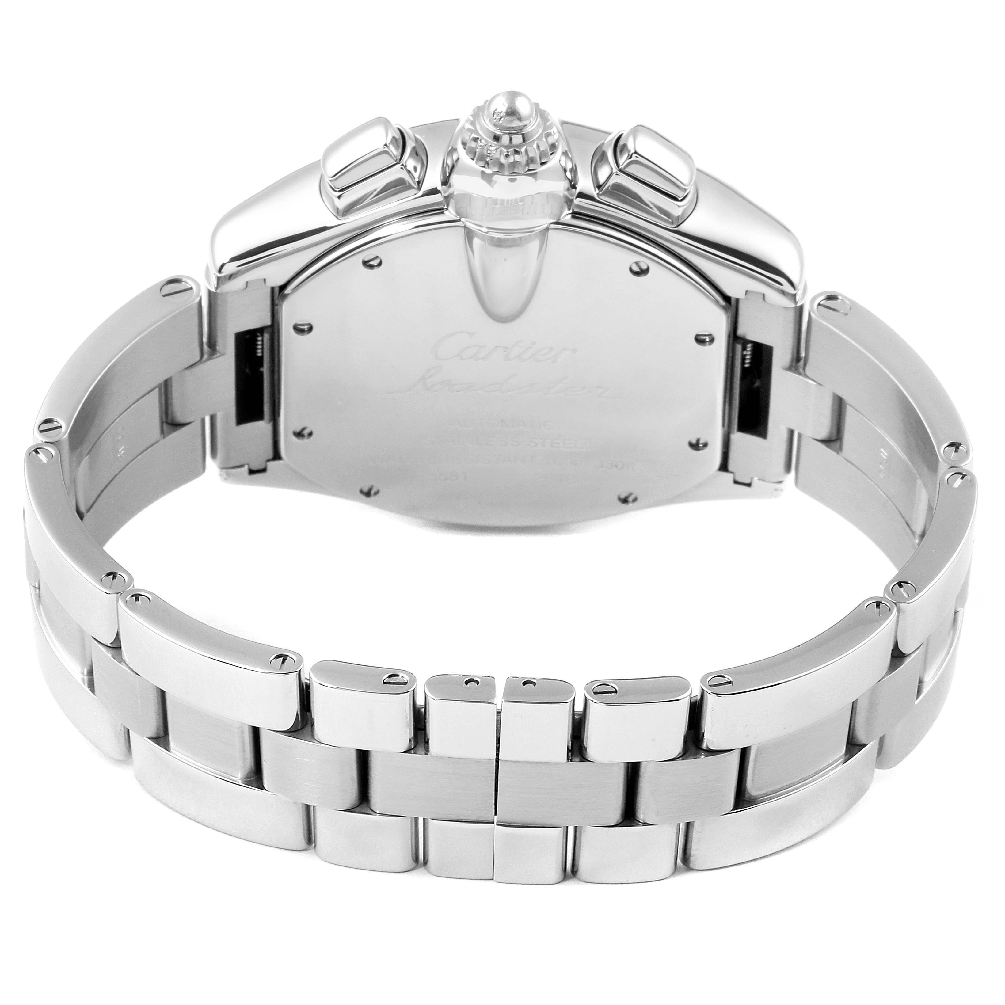 The image shows the back of the Cartier Roadster W62019X6 Men's Stainless Steel Silver Dial W62019X6 Men's Stainless Steel Silver Dial watch, including its stainless steel case, bracelet, and the rear view of the pushers and crown.