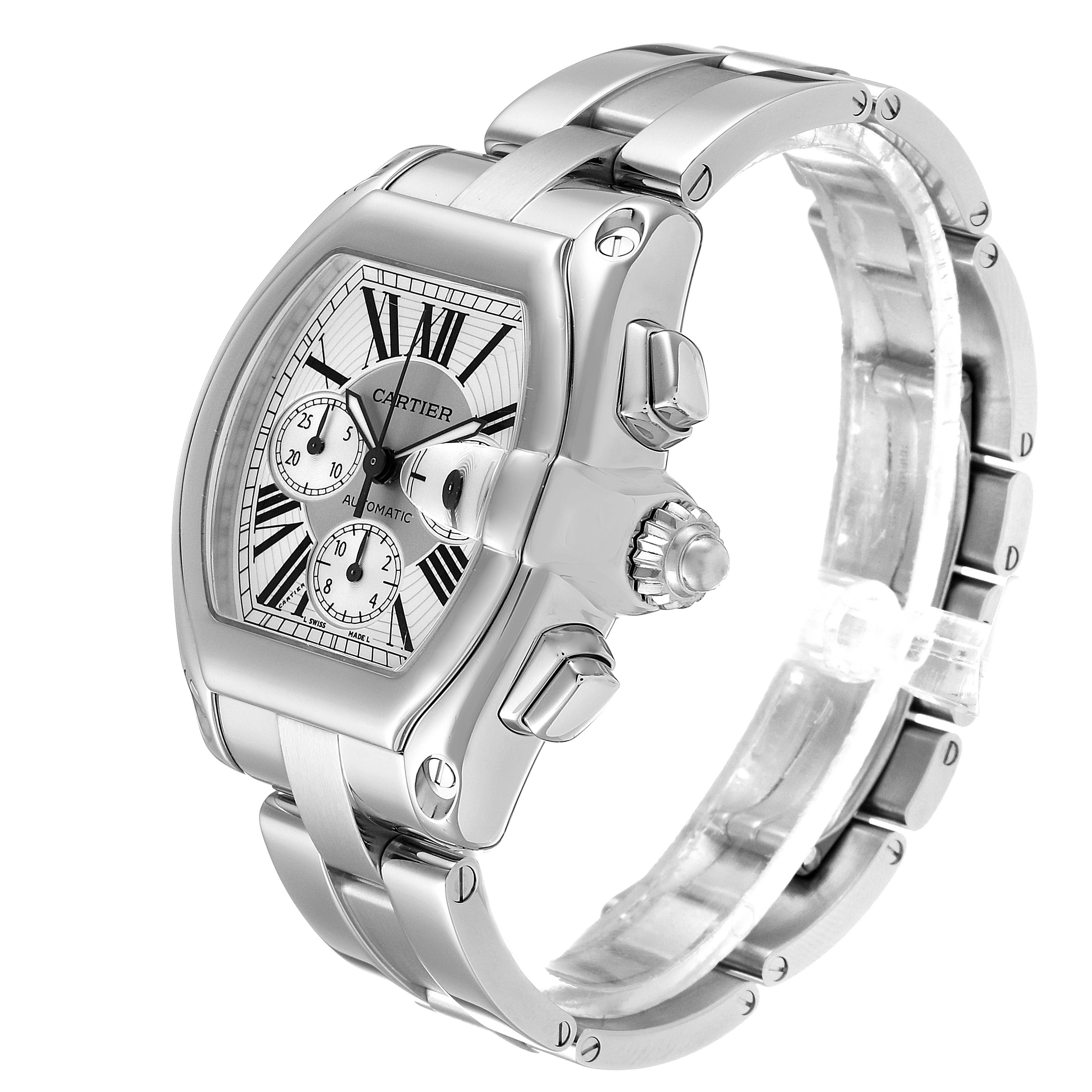 The image shows the Cartier Roadster W62019X6 Men's Stainless Steel Silver Dial W62019X6 Men's Stainless Steel Silver Dial watch at a three-quarter angle, highlighting its face, crown, and stainless steel bracelet.