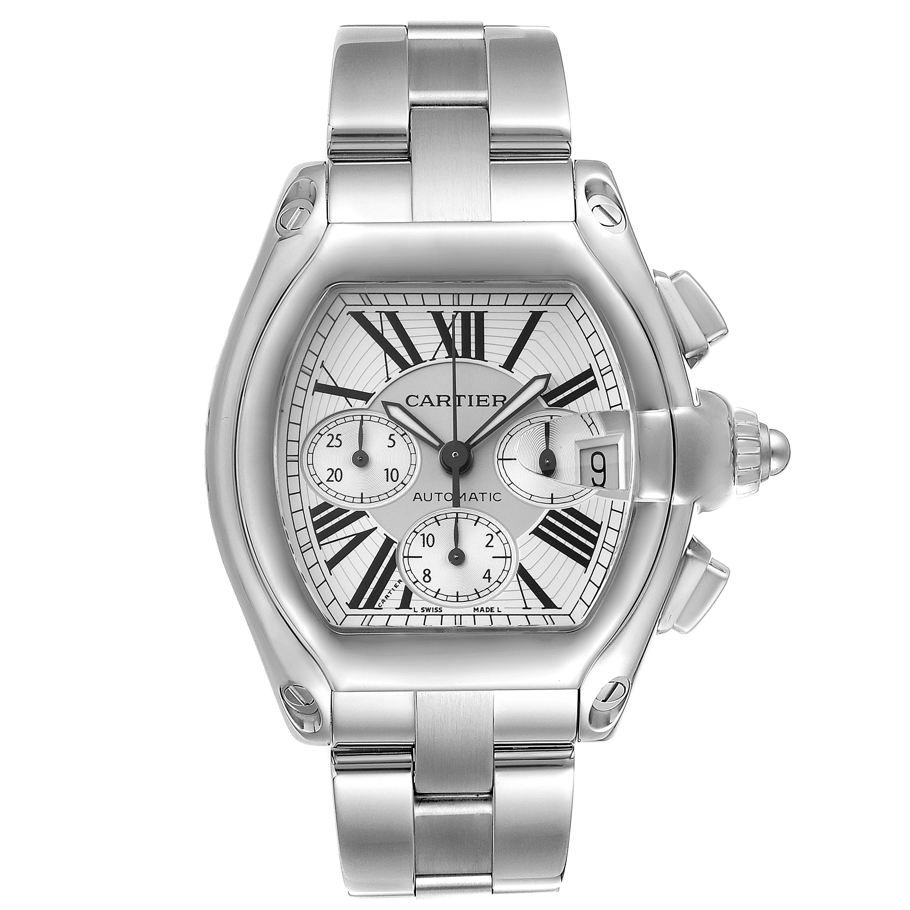 The image shows a front view of the Cartier Roadster W62019X6 Men's Stainless Steel Silver Dial W62019X6 Men's Stainless Steel Silver Dial watch, highlighting its dial, bracelet, and crown.