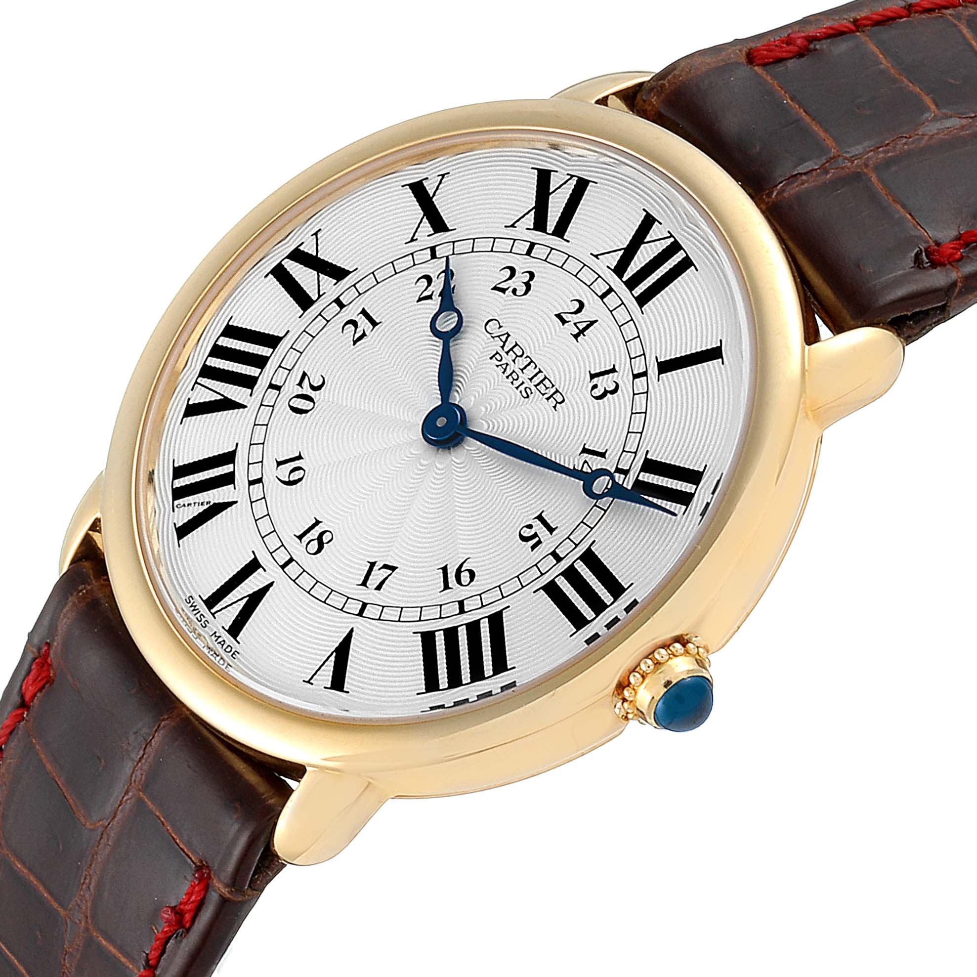 This image shows a Cartier Ronde 0900 Men's Yellow Gold Silver Dial 0900 Men's Yellow Gold Silver Dial model watch with a close-up of the face, bezel, crown, and leather strap at a slight angle.