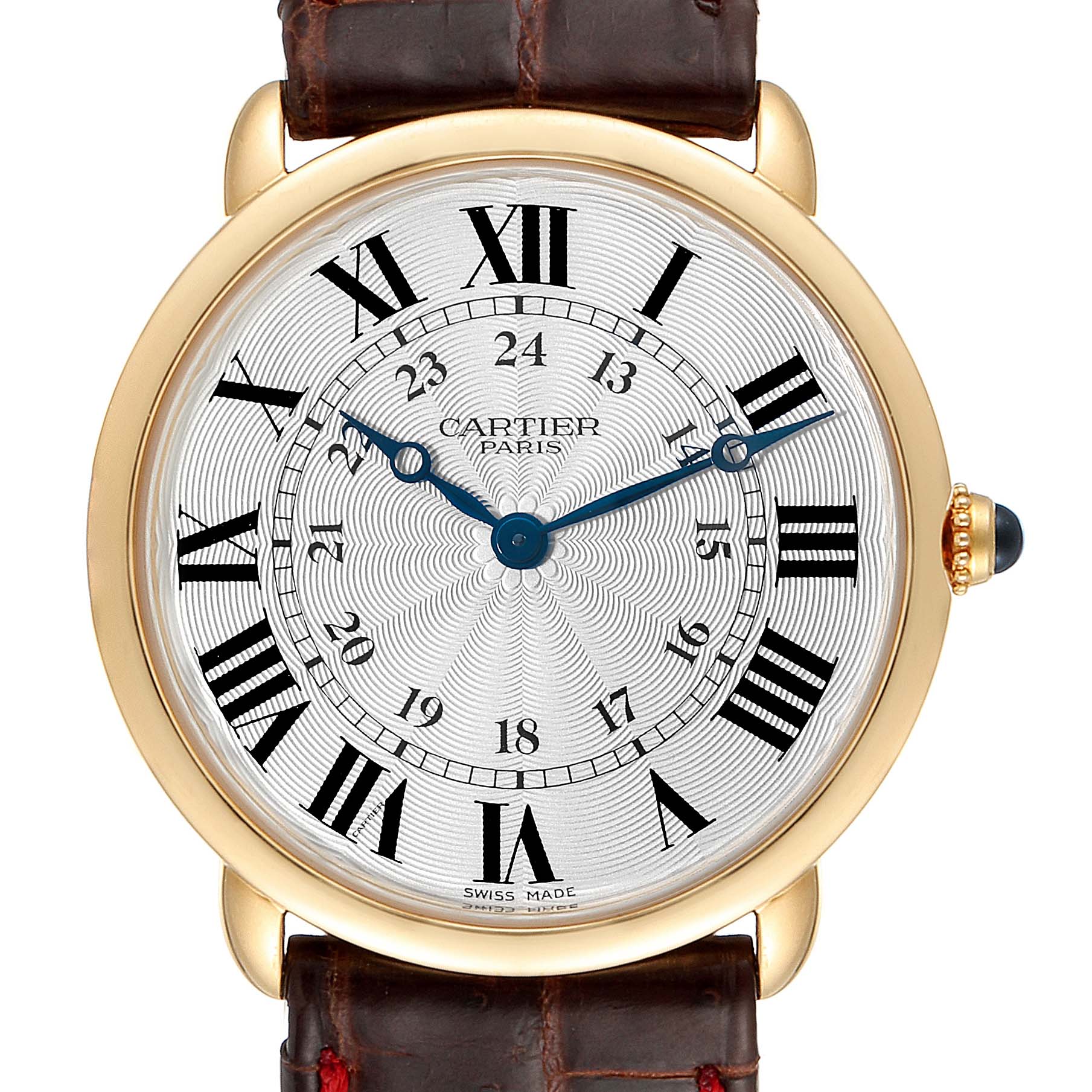 The image shows a frontal view of the Cartier Ronde 0900 Men's Yellow Gold Silver Dial 0900 Men's Yellow Gold Silver Dial watch, including its dial, case, and part of the leather strap.