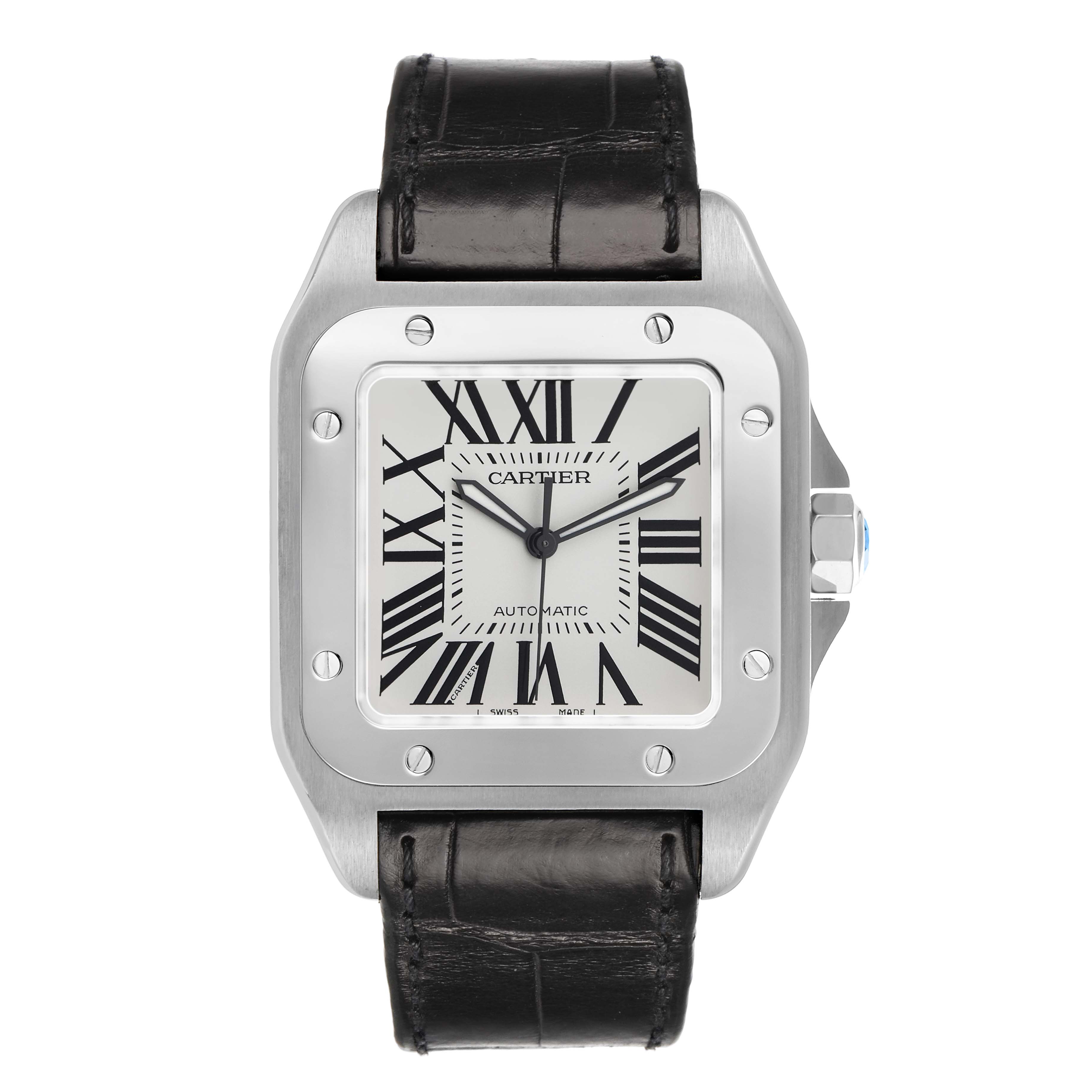 The Cartier Santos W20073X8 Men's Stainless Steel Silver Dial watch is shown from a top-down angle, displaying the face, case, bezel, and leather strap.