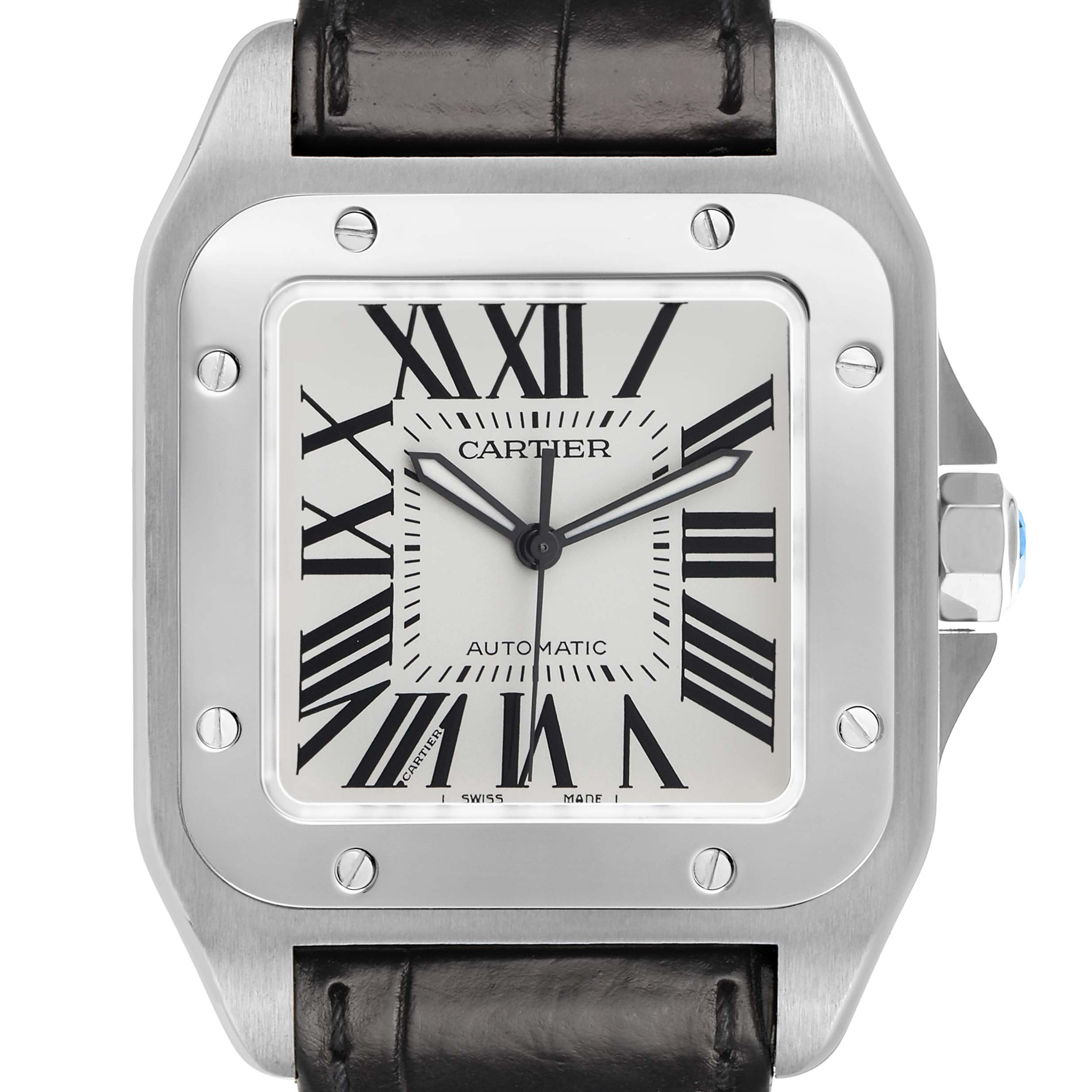 The Cartier Santos W20073X8 Men's Stainless Steel Silver Dial watch is shown from a front view, highlighting its face, bezel, and part of the strap.