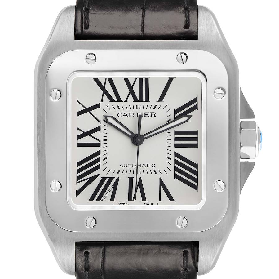 The Cartier Santos W20073X8 Men's Stainless Steel Silver Dial watch is shown from a front view, highlighting its face, bezel, and part of the strap.