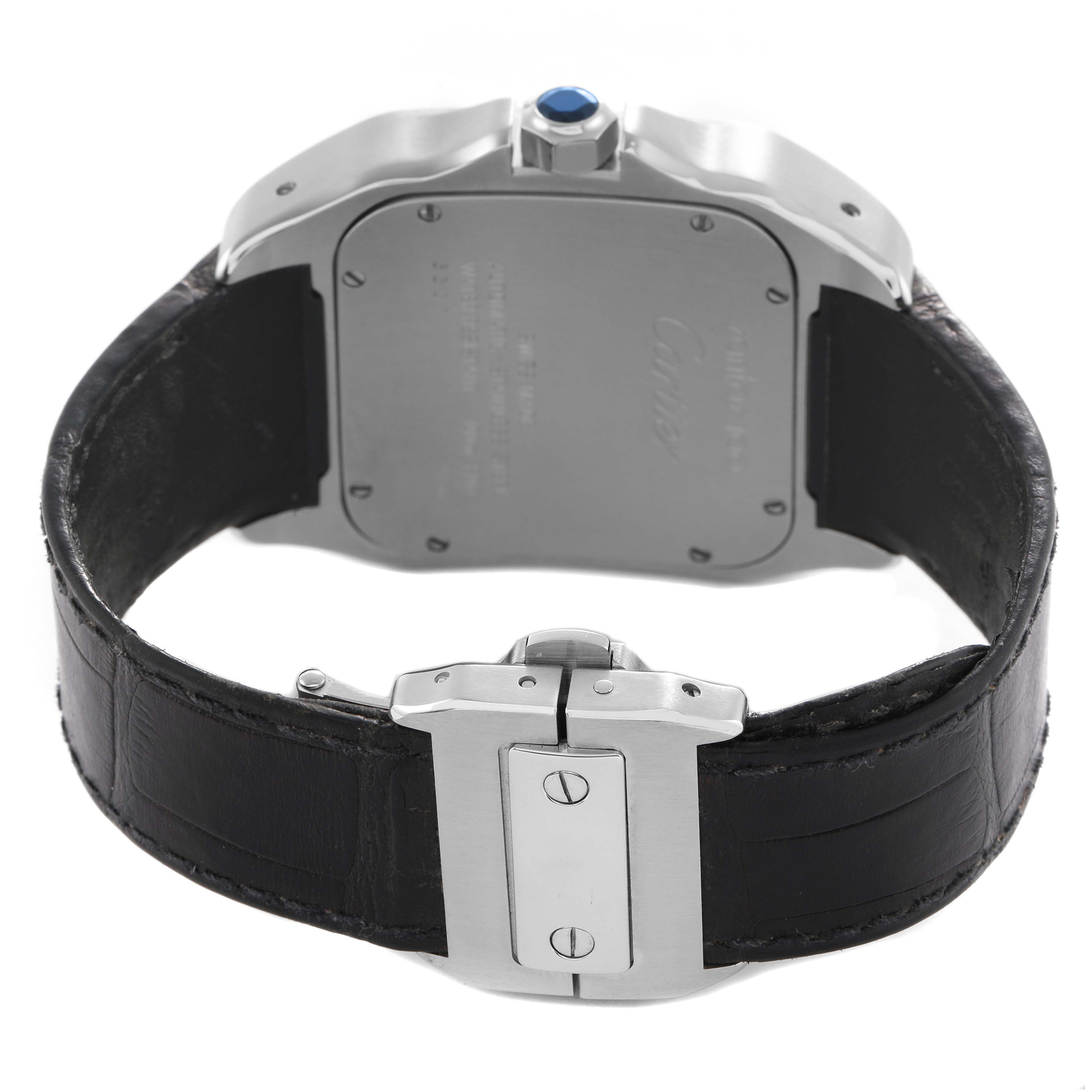 The image shows the back of a Cartier Santos W20073X8 Men's Stainless Steel Silver Dial watch, focusing on the case back, clasp, and leather strap.