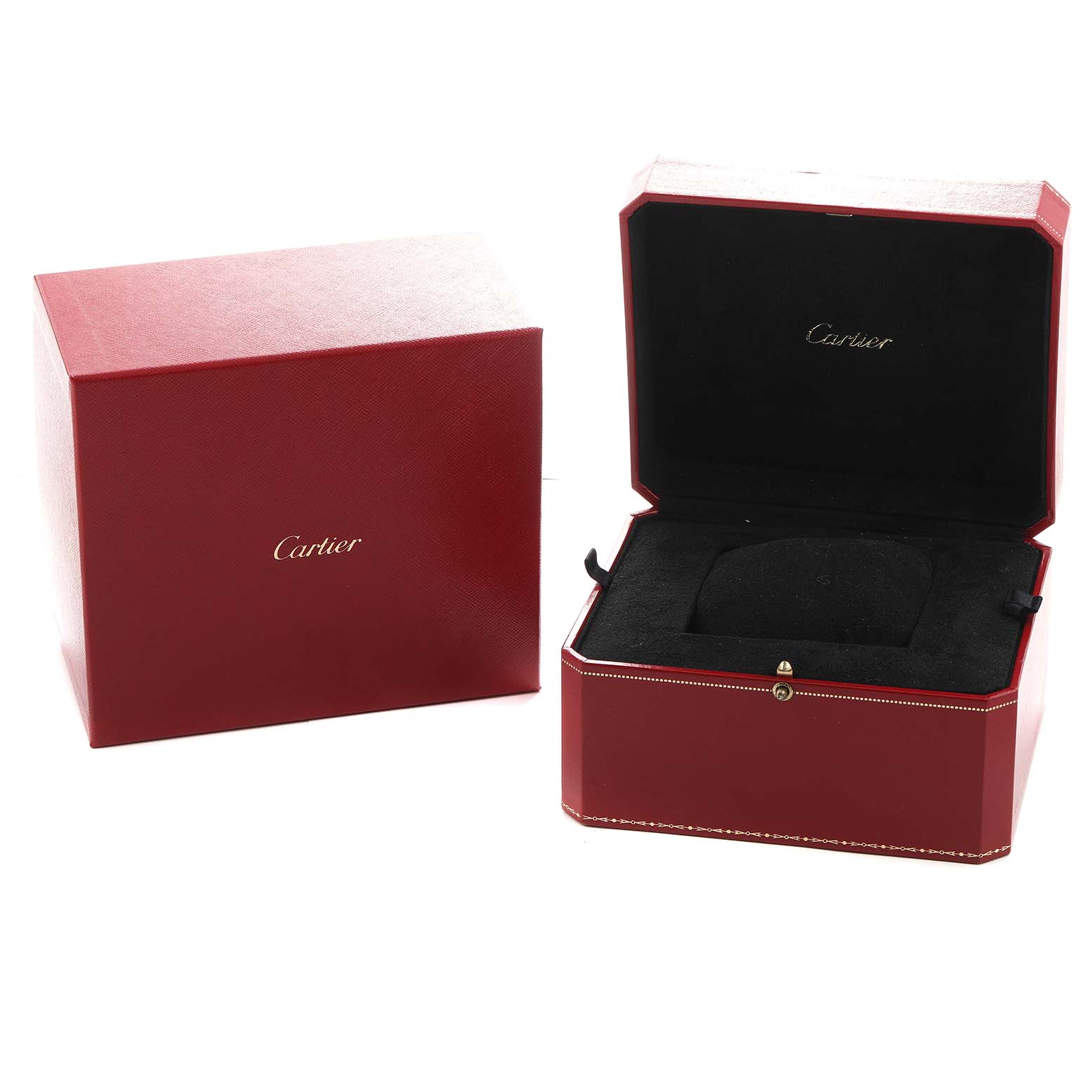 The image shows a Cartier Santos W20073X8 Men's Stainless Steel Silver Dial watch box and its packaging, including an open and closed view.