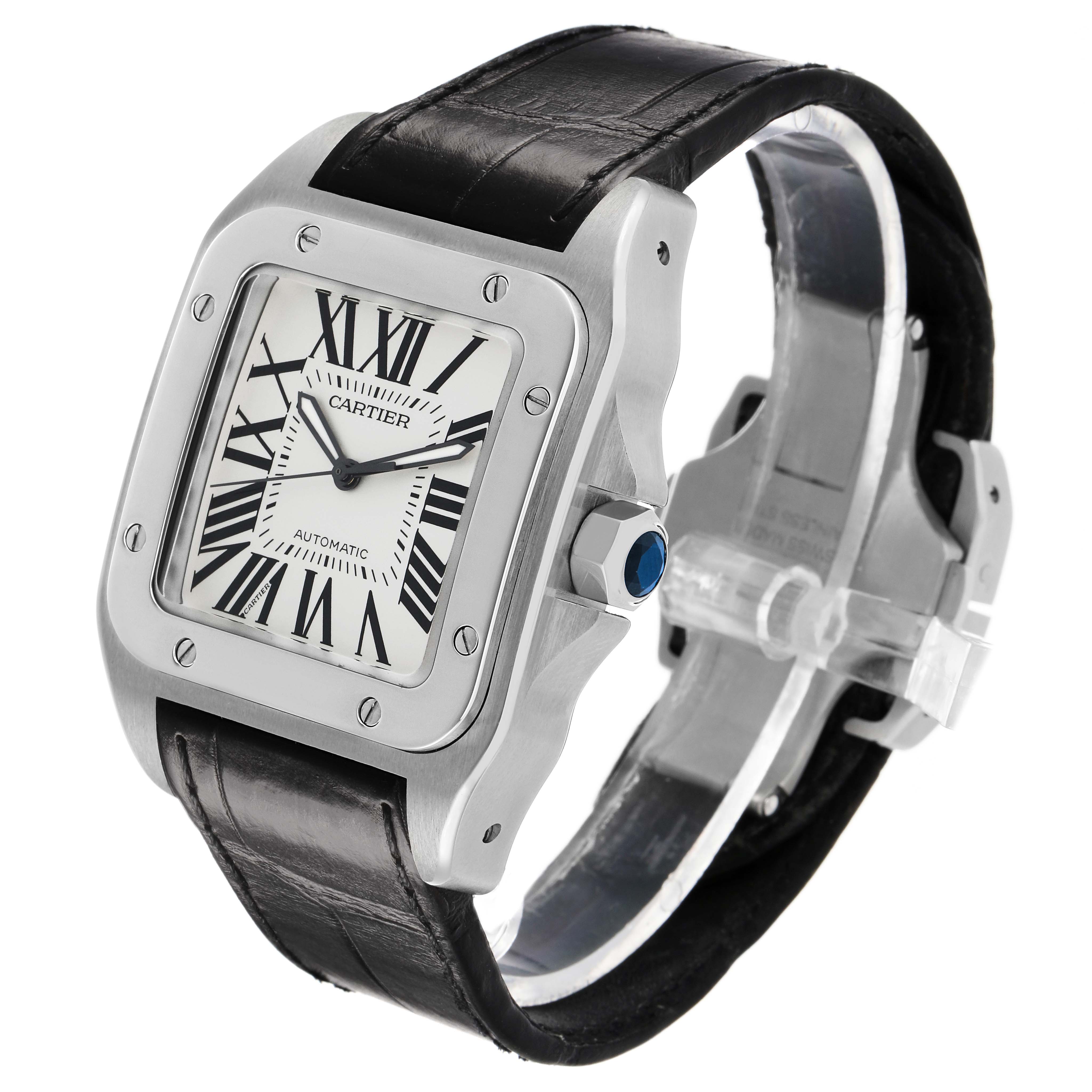 The Cartier Santos W20073X8 Men's Stainless Steel Silver Dial watch is shown at a three-quarter angle, highlighting the face, bezel, crown, and leather strap.