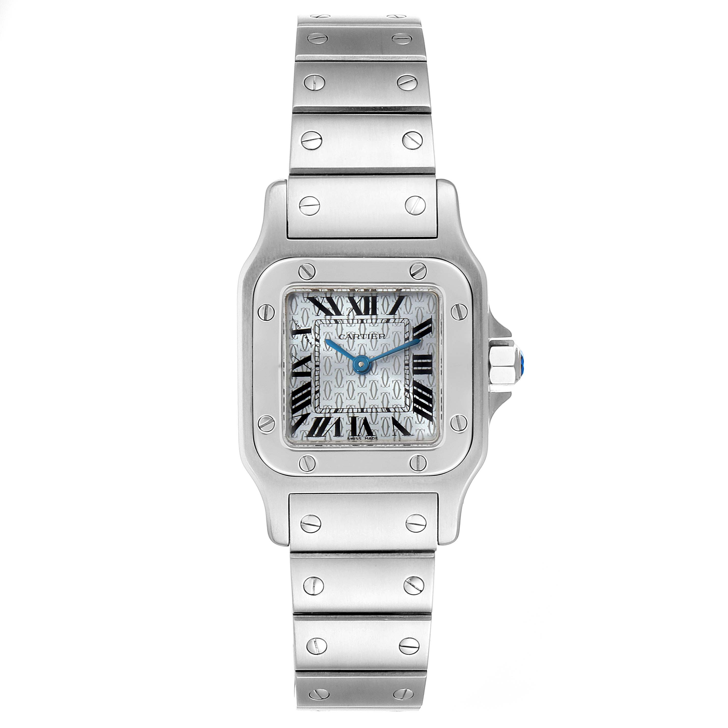 This image shows a Cartier Santos W20064D6 Women's Stainless Steel Blue Dial W20064D6 Women's Stainless Steel Blue Dial watch from a front angle, highlighting its square face, bracelet, and screws.