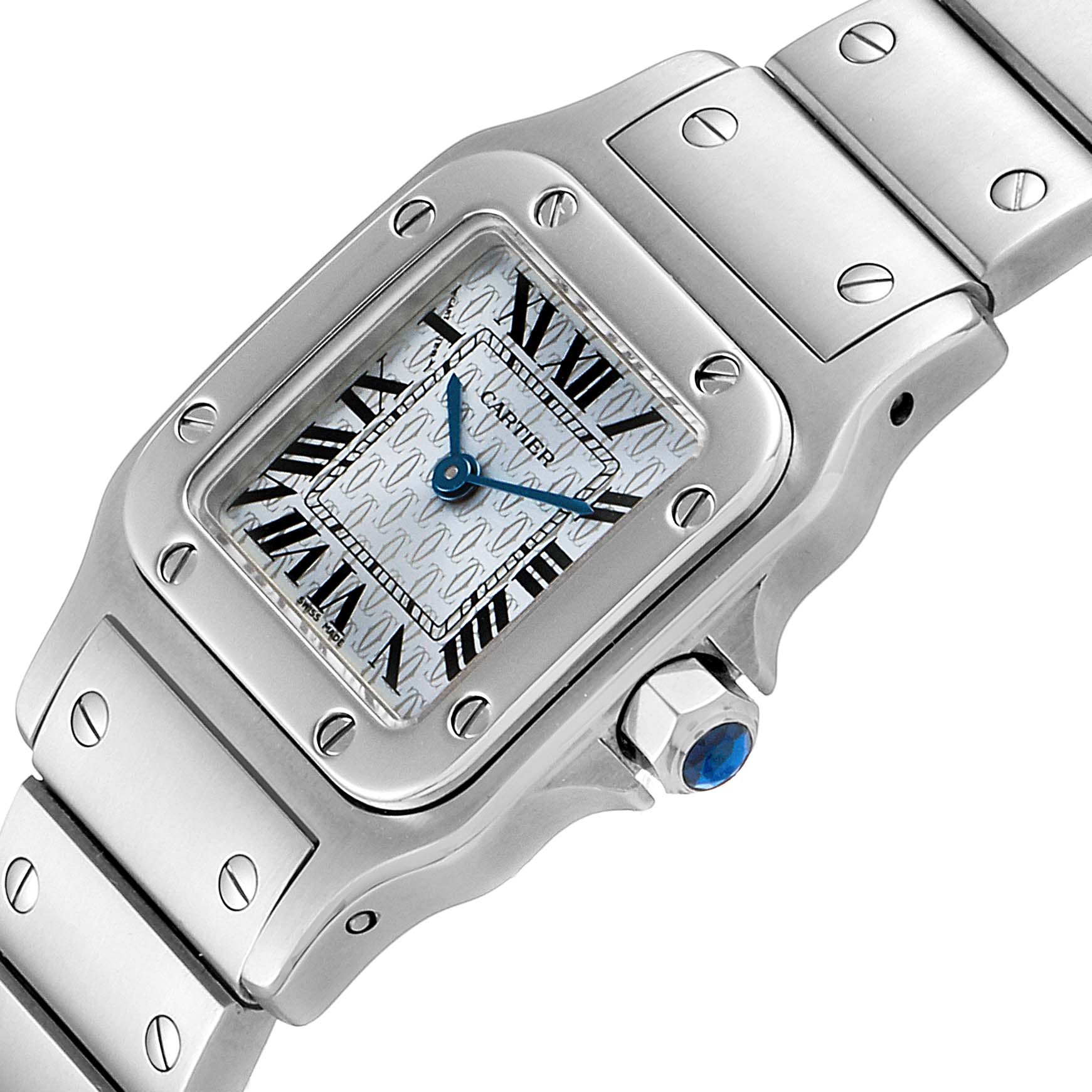 Close-up view of a Cartier Santos W20064D6 Women's Stainless Steel Blue Dial W20064D6 Women's Stainless Steel Blue Dial watch, highlighting the face, bezel, crown, and part of the bracelet.