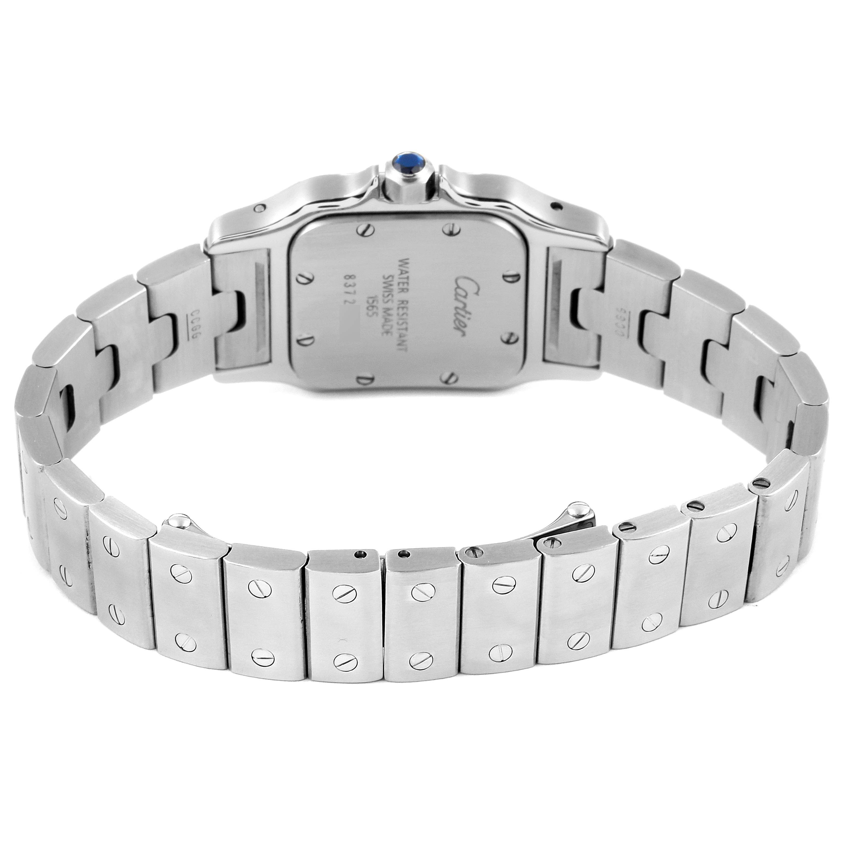The image displays the back view of a Cartier Santos W20064D6 Women's Stainless Steel Blue Dial W20064D6 Women's Stainless Steel Blue Dial watch, highlighting its bracelet and case back details.