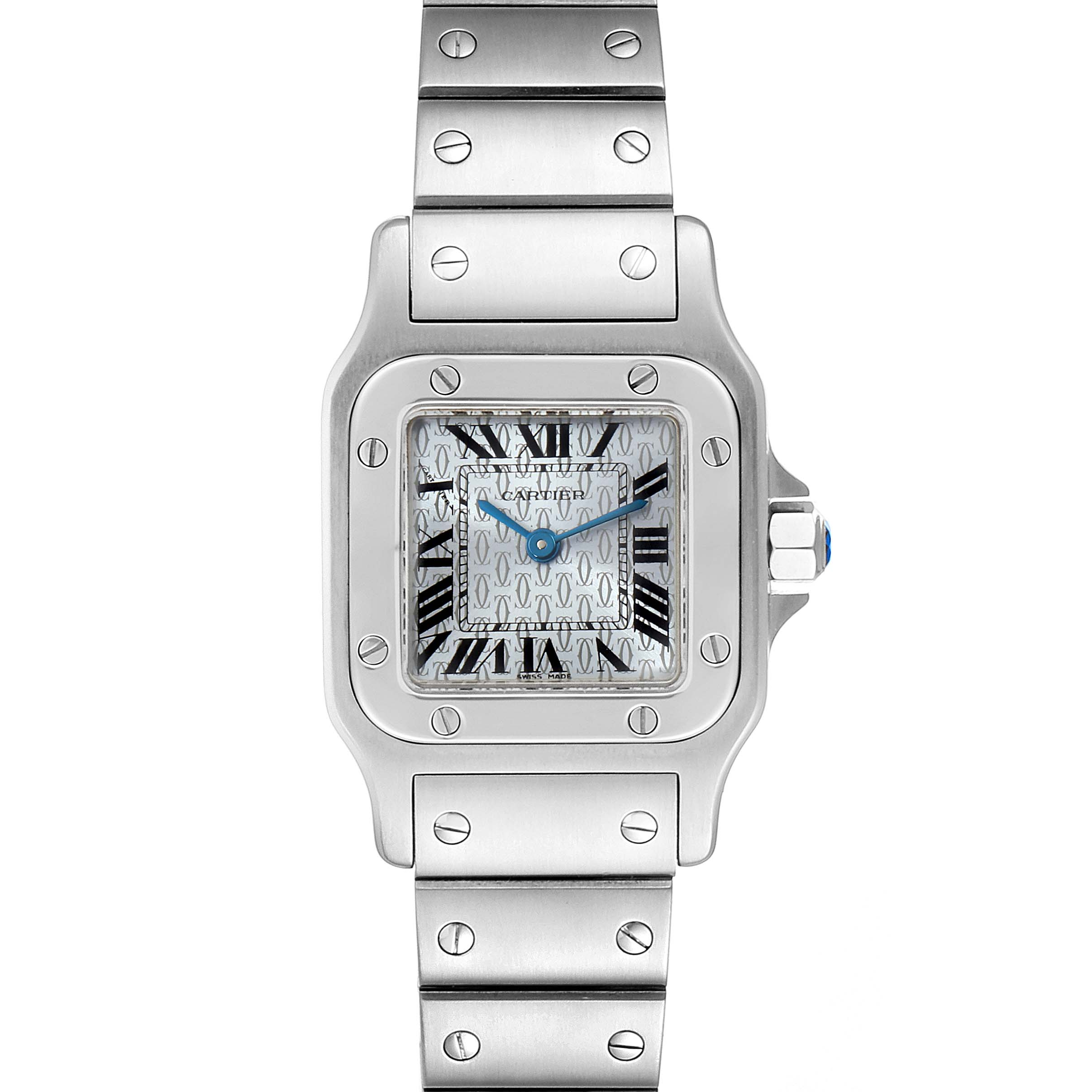 This is a front view of a Cartier Santos W20064D6 Women's Stainless Steel Blue Dial W20064D6 Women's Stainless Steel Blue Dial watch, showcasing its face, bezel, crown, and partial bracelet.