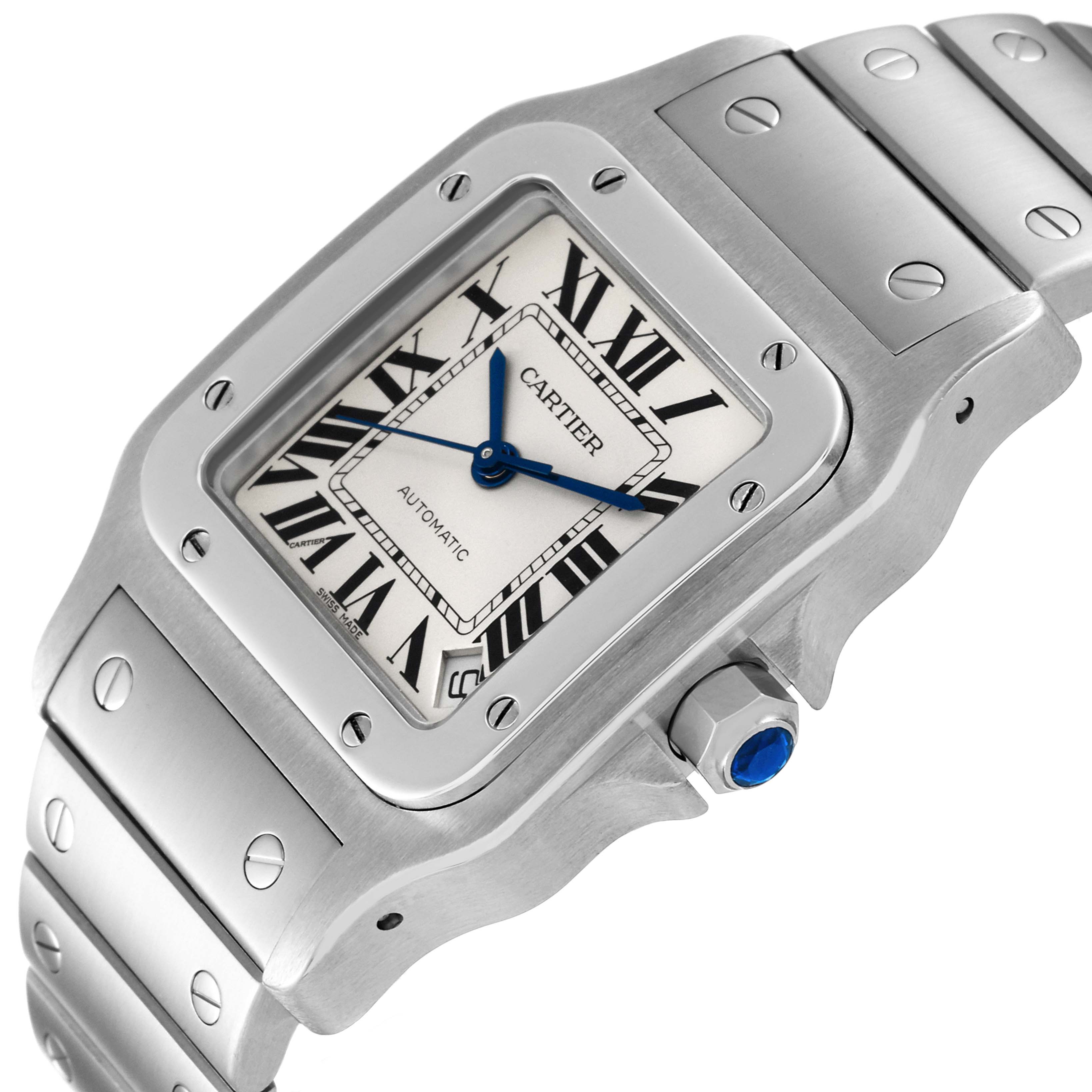 The image shows a close-up view of a Cartier Santos W20098D6 Men
s Stainless Steel Silver Dial W20098D6 Men
s Stainless Steel Silver Dial watch, highlighting the face, bezel, and part of the bracelet.