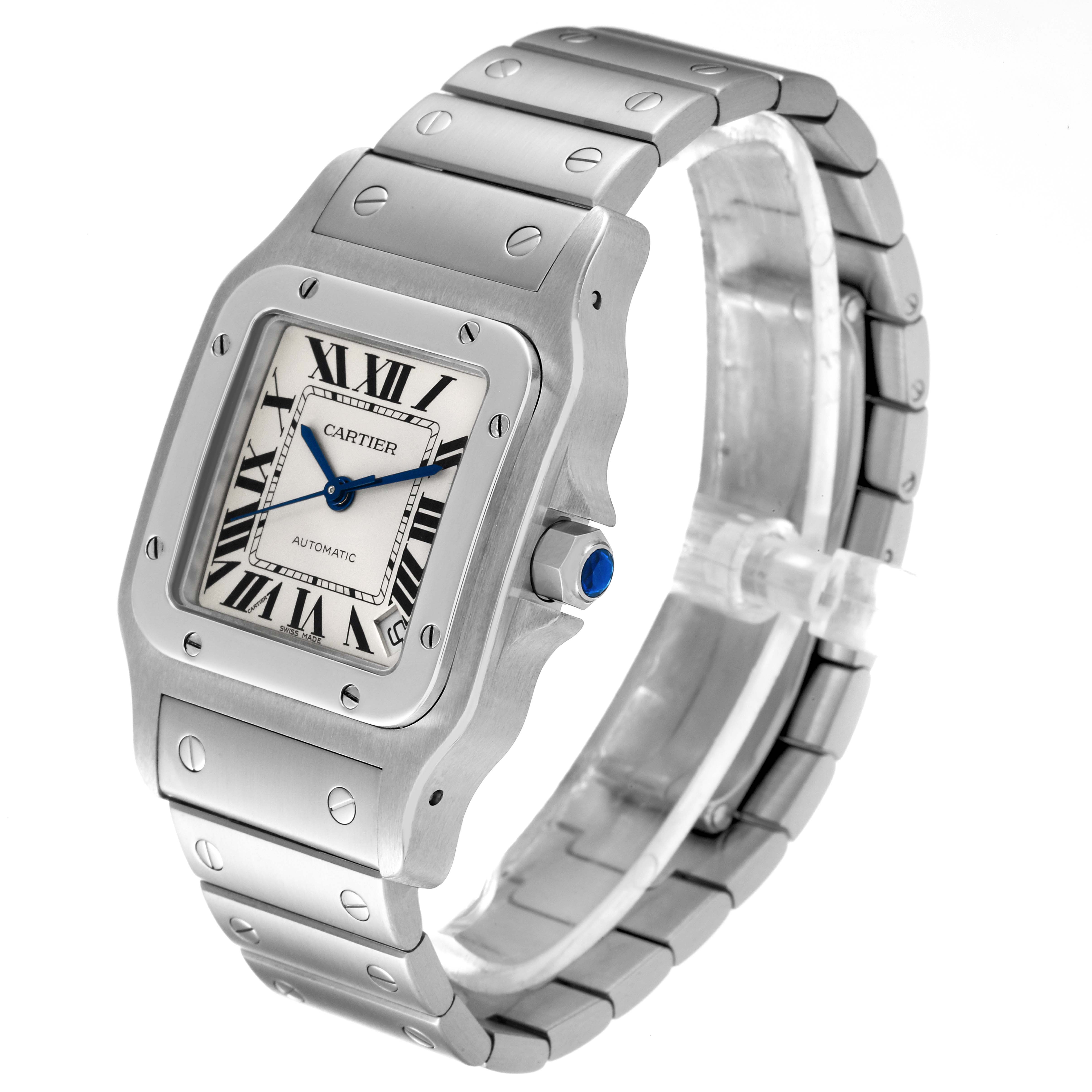 The Cartier Santos W20098D6 Men
s Stainless Steel Silver Dial W20098D6 Men
s Stainless Steel Silver Dial watch is shown at an angle highlighting the face, bezel, and part of the bracelet.
