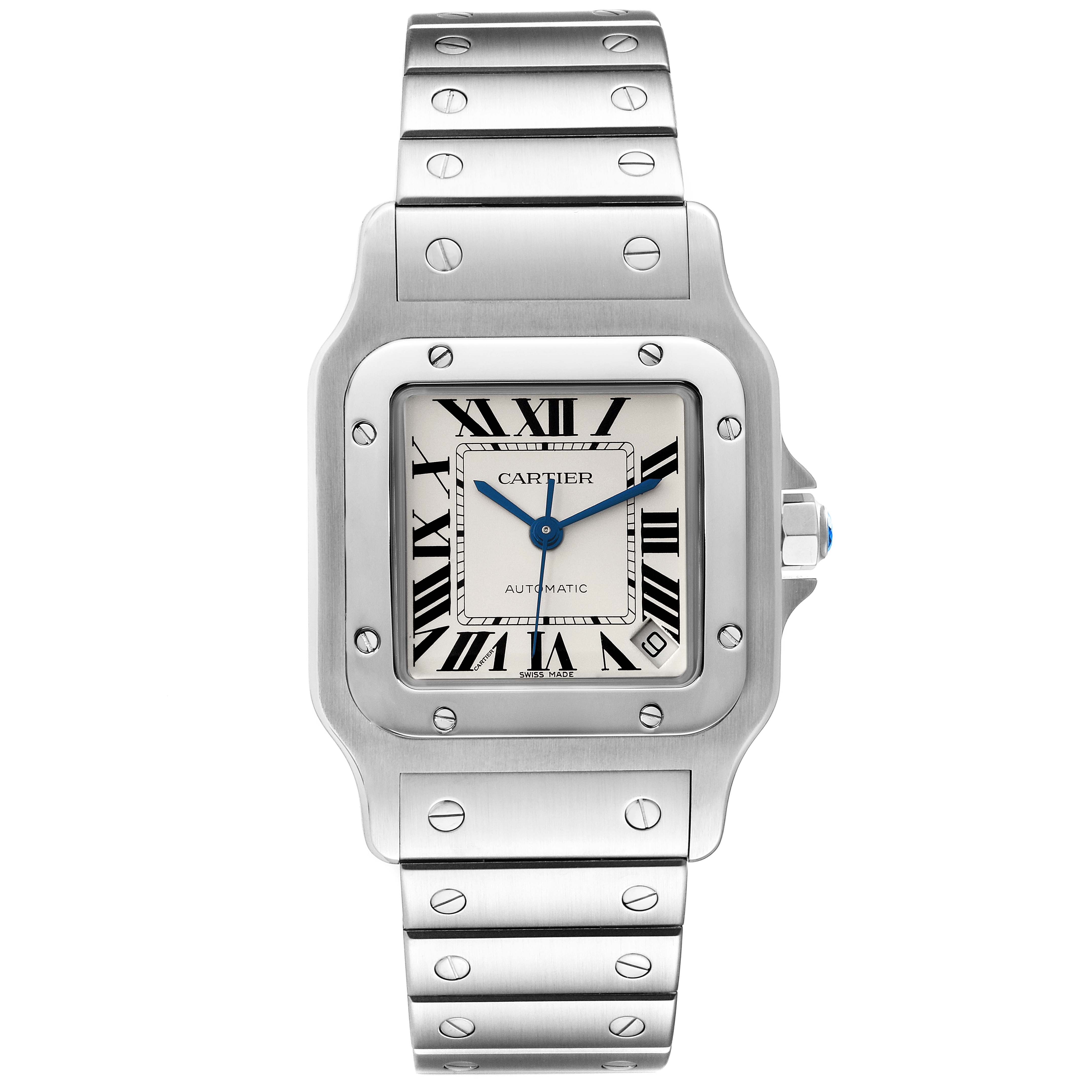 The image shows a frontal view of a Cartier Santos W20098D6 Men
s Stainless Steel Silver Dial W20098D6 Men
s Stainless Steel Silver Dial watch, displaying the watch face and metal bracelet.
