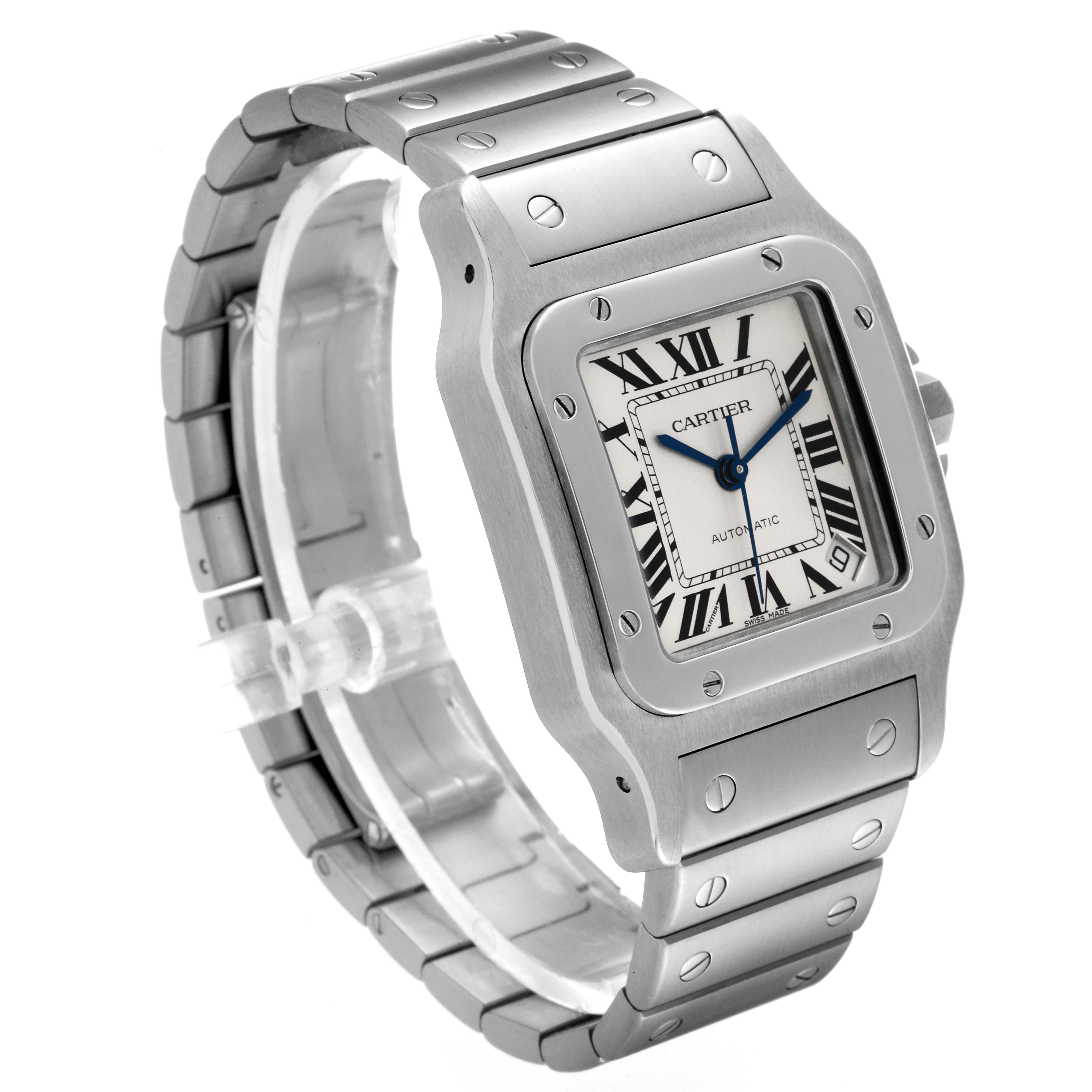 The image shows a Cartier Santos W20098D6 Men
s Stainless Steel Silver Dial W20098D6 Men
s Stainless Steel Silver Dial watch at an angled view highlighting its face, bezel, and metallic strap.