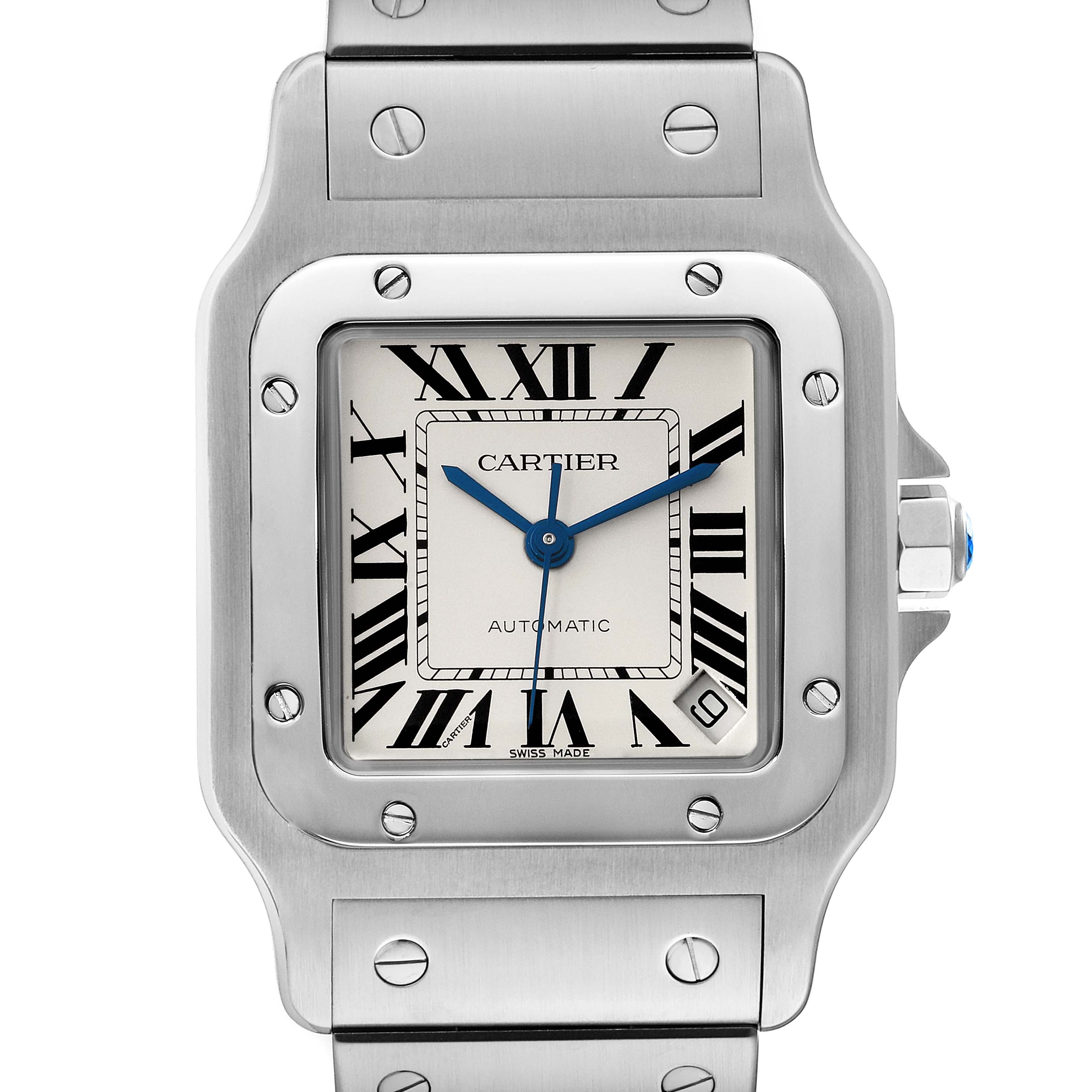 The image shows a close-up, front-facing view of a Cartier Santos W20098D6 Men
s Stainless Steel Silver Dial W20098D6 Men
s Stainless Steel Silver Dial watch, highlighting the dial, bezel, and part of the bracelet.