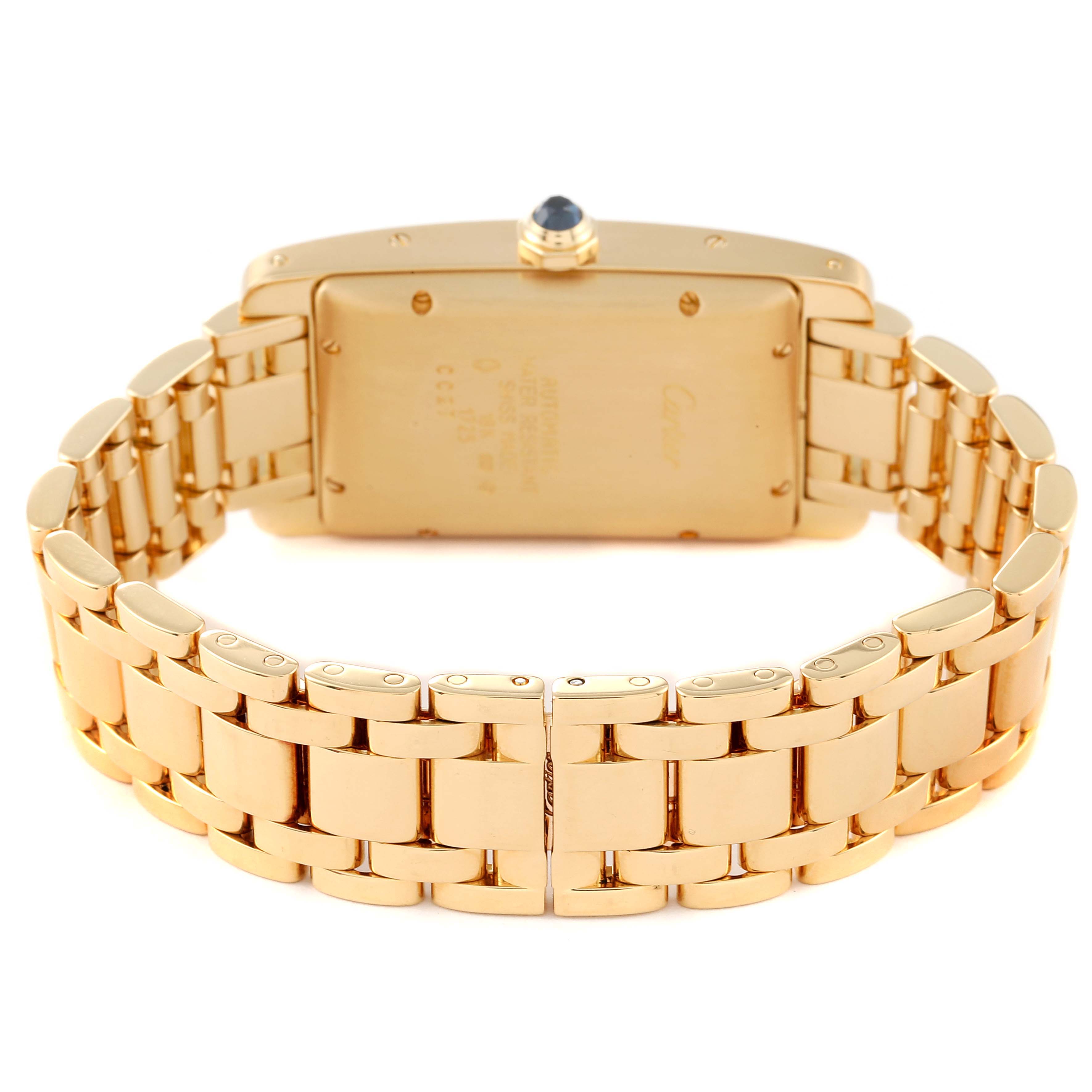 This image shows the back and bracelet of a Cartier Tank Américaine gold watch.