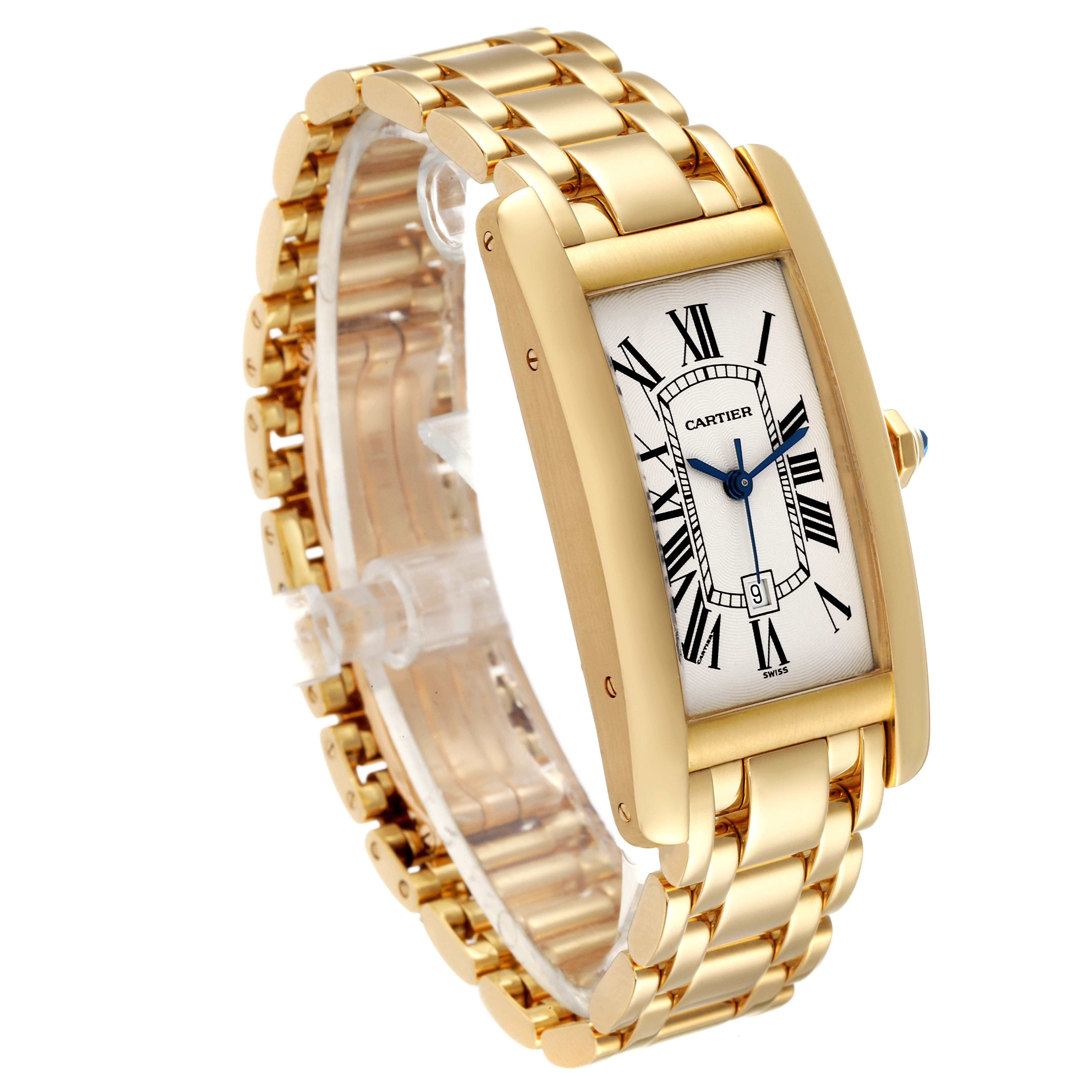 This image showcases a Cartier Tank Americaine W26035K2 Women's Yellow Gold Silver Dial W26035K2 Women's Yellow Gold Silver Dial watch at a three-quarter angle, highlighting its gold bracelet and rectangular face.